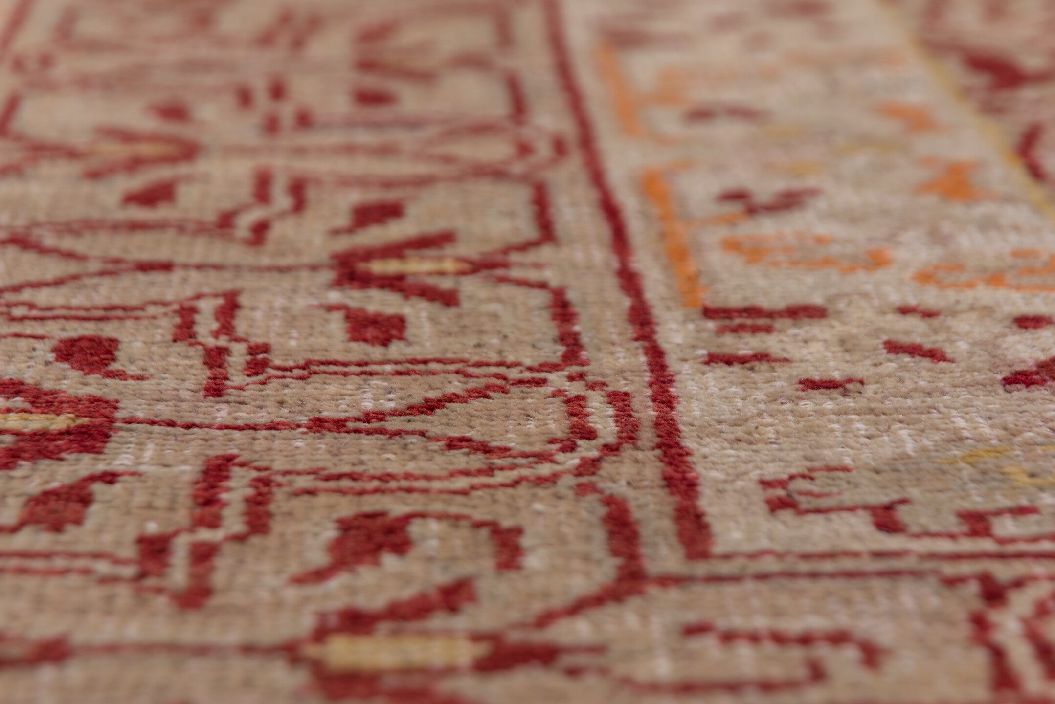 9' x 13' one-of-a-kind handmade vintage Oushak large size rug. Color palette: brown, gray, orange, pink, red