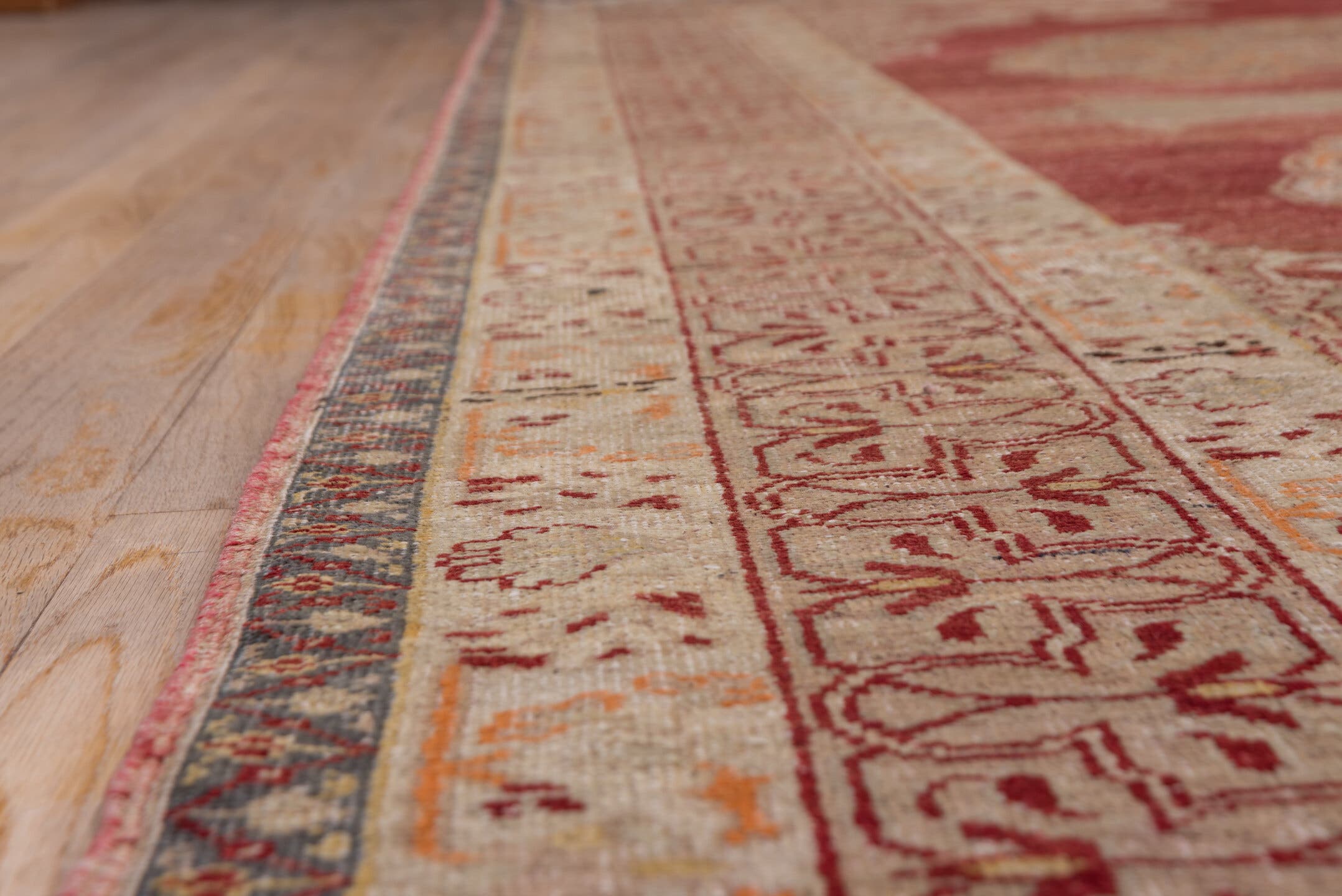 9' x 13' one-of-a-kind handmade vintage Oushak large size rug. Color palette: rose, ivory, peach, gold, rust, slate, pink