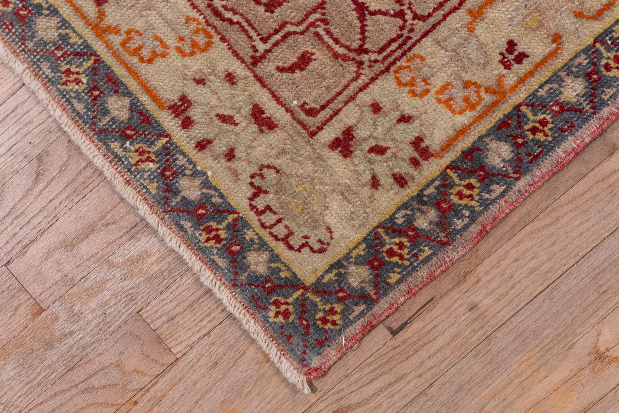 9' x 13' one-of-a-kind handmade vintage Oushak large size rug. Color palette: brown, gray, orange, pink, red