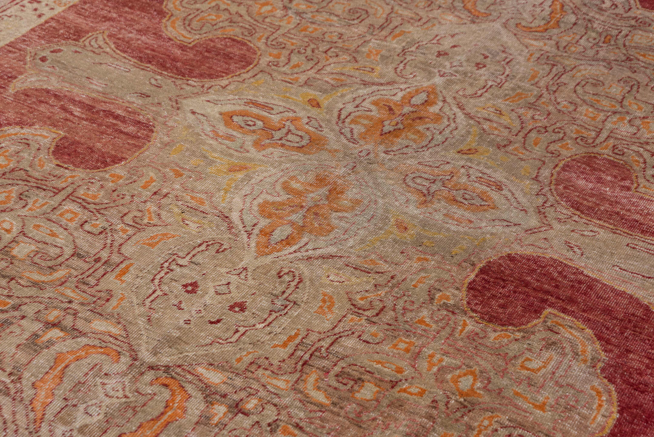 9' x 13' one-of-a-kind handmade vintage Oushak large size rug. Color palette: rose, ivory, peach, gold, rust, slate, pink