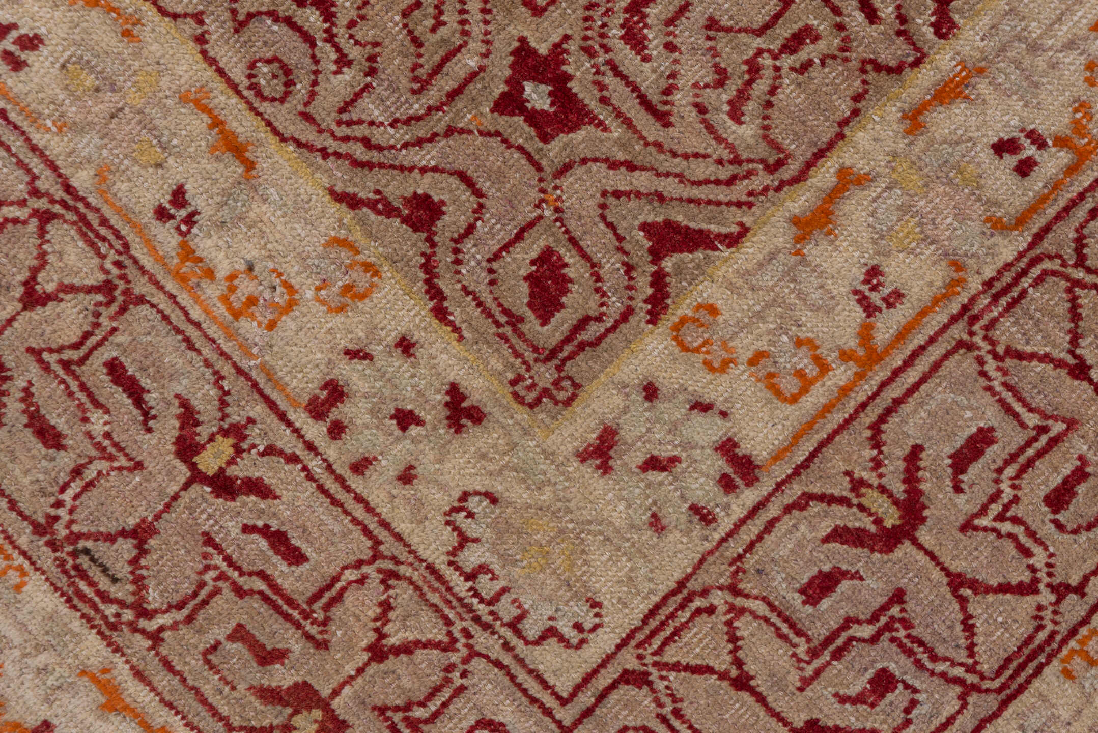 9' x 13' one-of-a-kind handmade vintage Oushak large size rug. Color palette: brown, gray, orange, pink, red