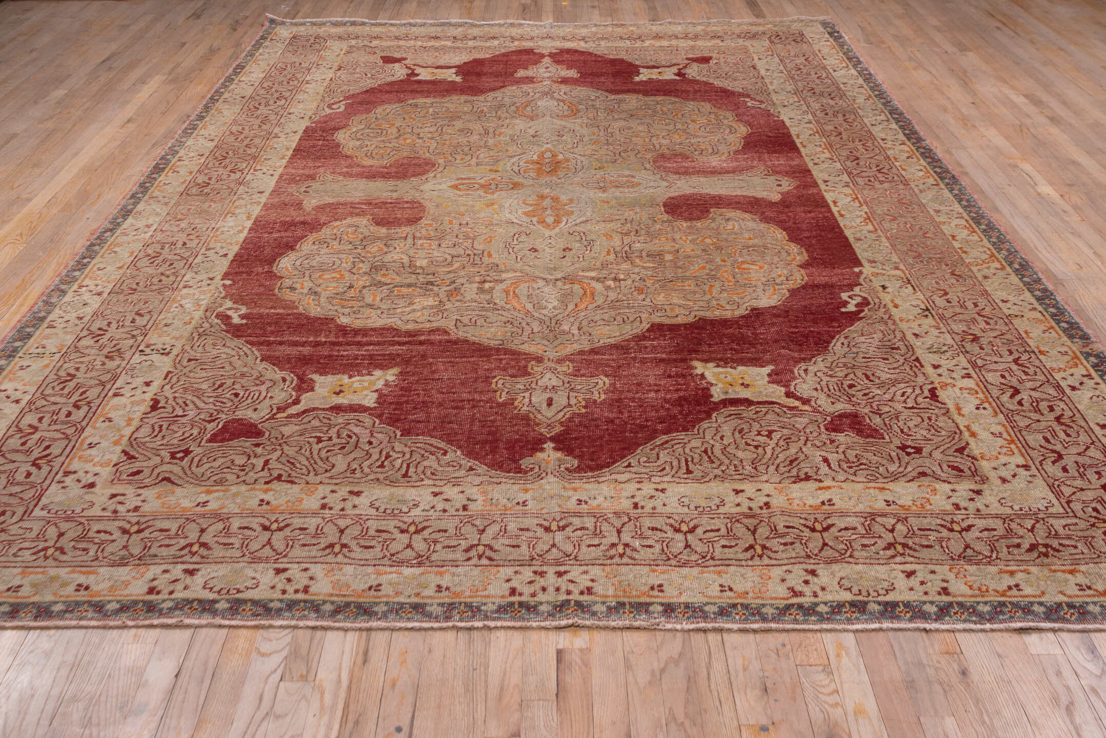 9' x 13' one-of-a-kind handmade vintage Oushak large size rug. Color palette: rose, ivory, peach, gold, rust, slate, pink