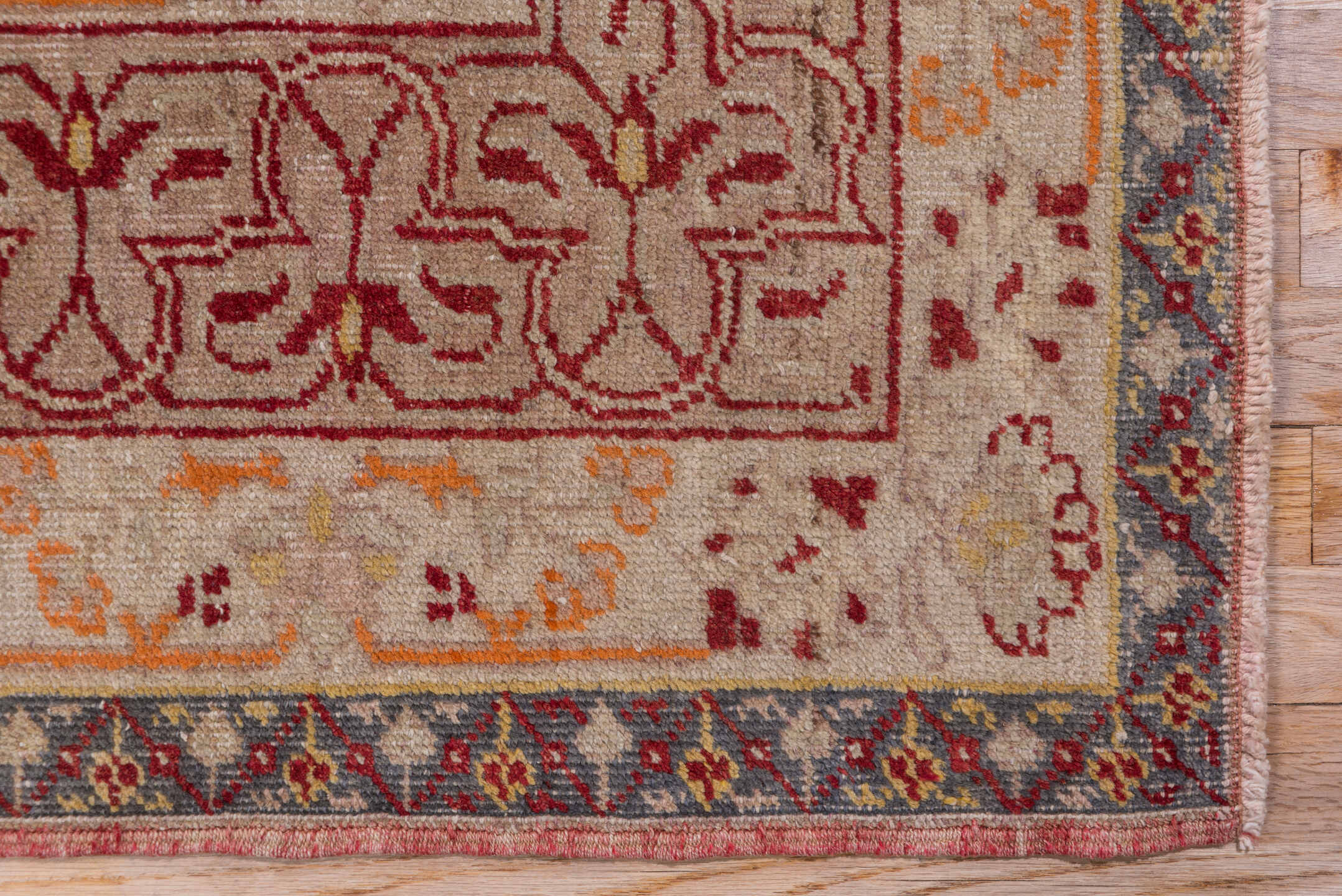 9' x 13' one-of-a-kind handmade vintage Oushak large size rug. Color palette: brown, gray, orange, pink, red