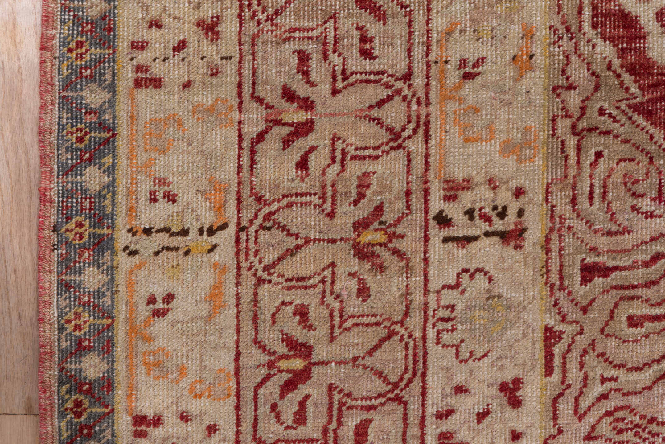 9' x 13' one-of-a-kind handmade vintage Oushak large size rug. Color palette: rose, ivory, peach, gold, rust, slate, pink