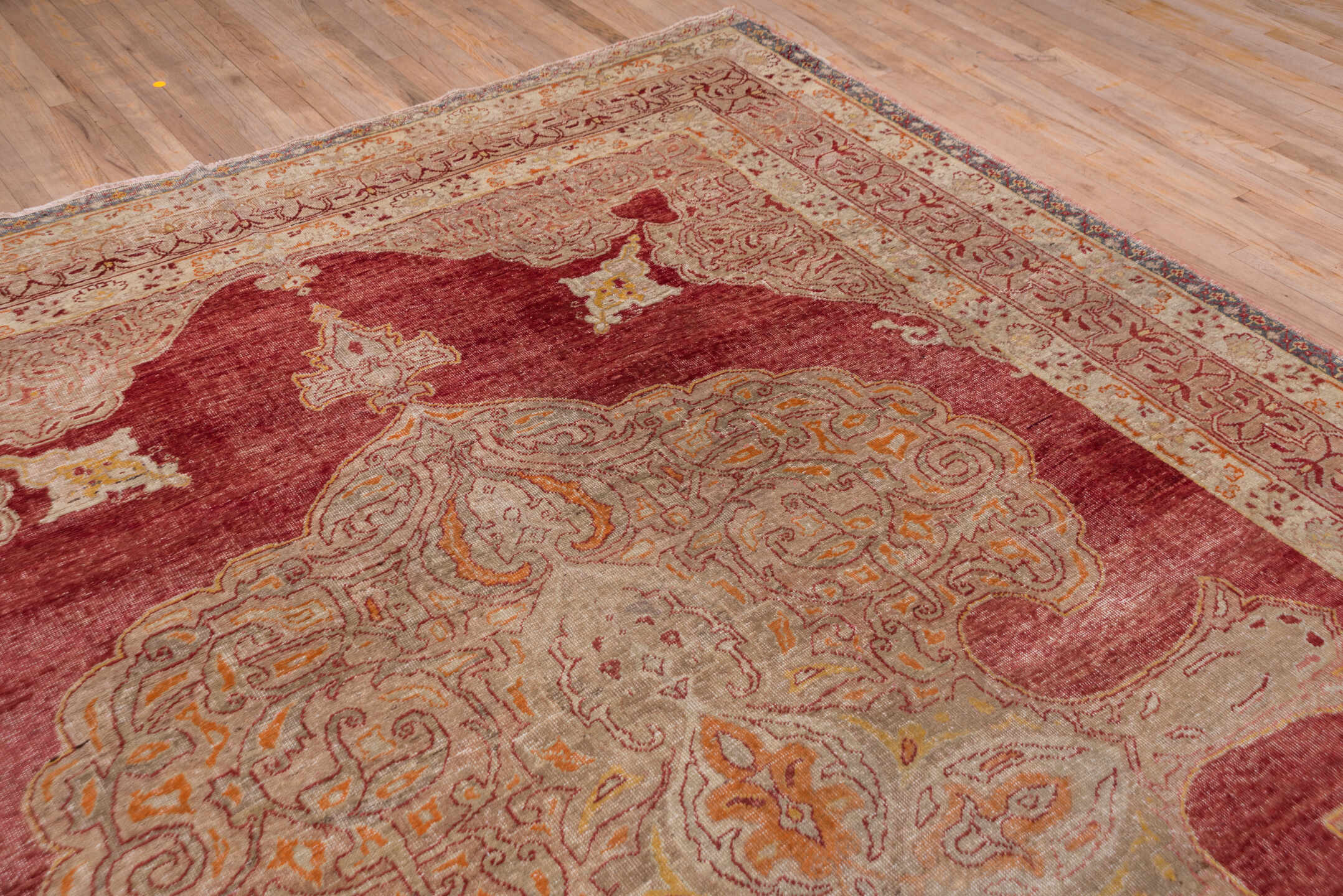 9' x 13' one-of-a-kind handmade vintage Oushak large size rug. Color palette: rose, ivory, peach, gold, rust, slate, pink