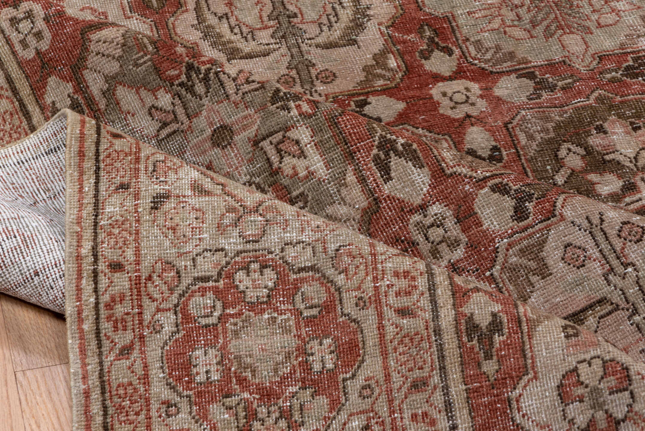 6' x 10' one-of-a-kind handmade antique Tabriz large size rug. Color palette: rust, ivory, taupe, olive, brown, rose