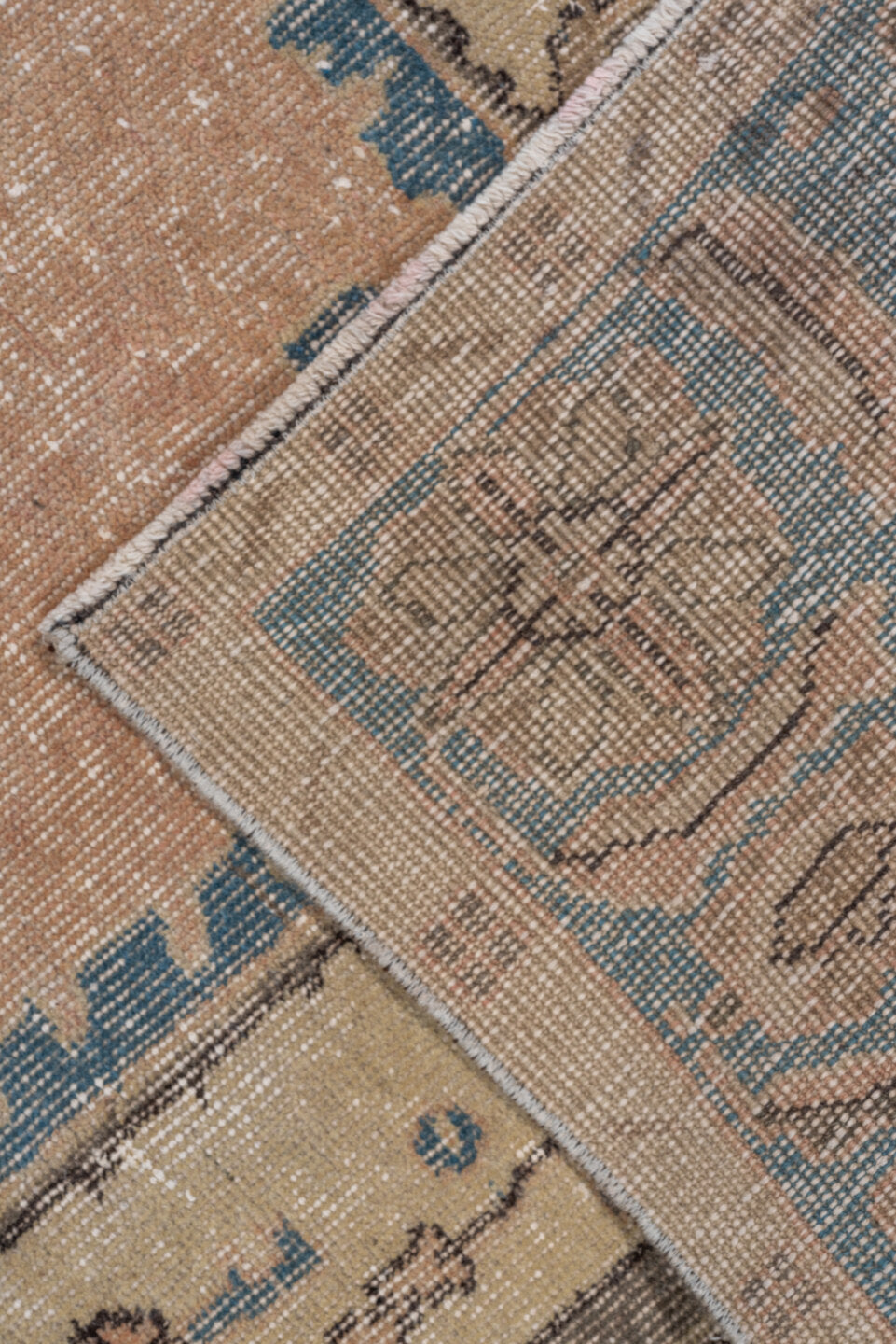 6' x 10' one-of-a-kind handmade vintage Oushak large size rug. Color palette: blue, brown, dim gray, gray, light gray, pink