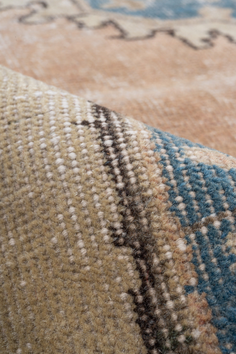 6' x 10' one-of-a-kind handmade vintage Oushak large size rug. Color palette: beige, sky blue, ivory, taupe, camel, slate