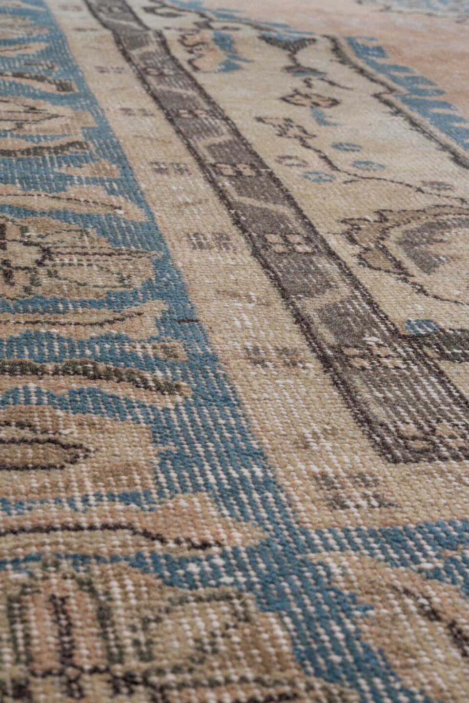6' x 10' one-of-a-kind handmade vintage Oushak large size rug. Color palette: beige, sky blue, ivory, taupe, camel, slate