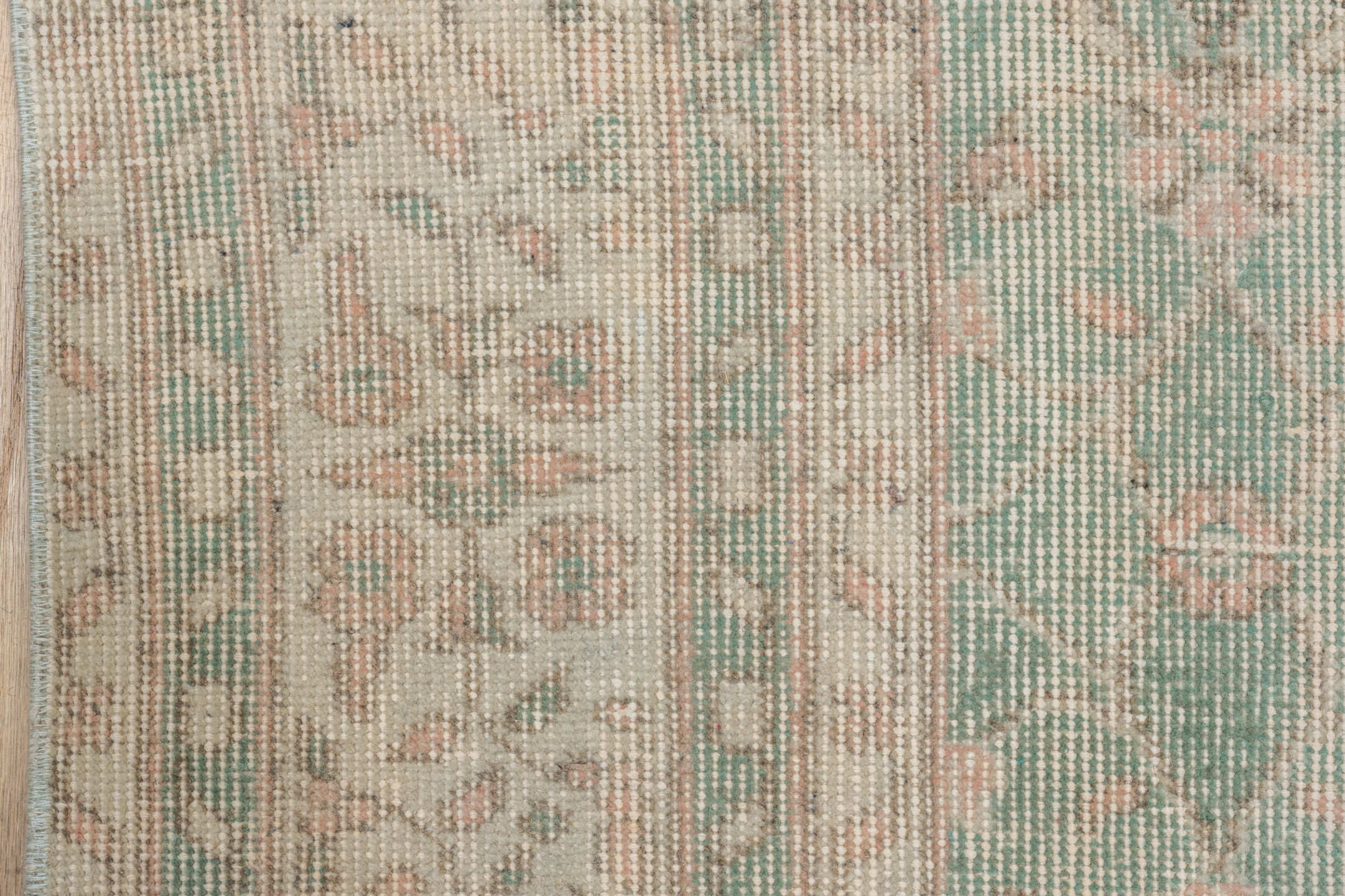 6' x 10' one-of-a-kind handmade vintage Oushak large size rug. Color palette: sage, blush, ivory, taupe, cream, green, pink
