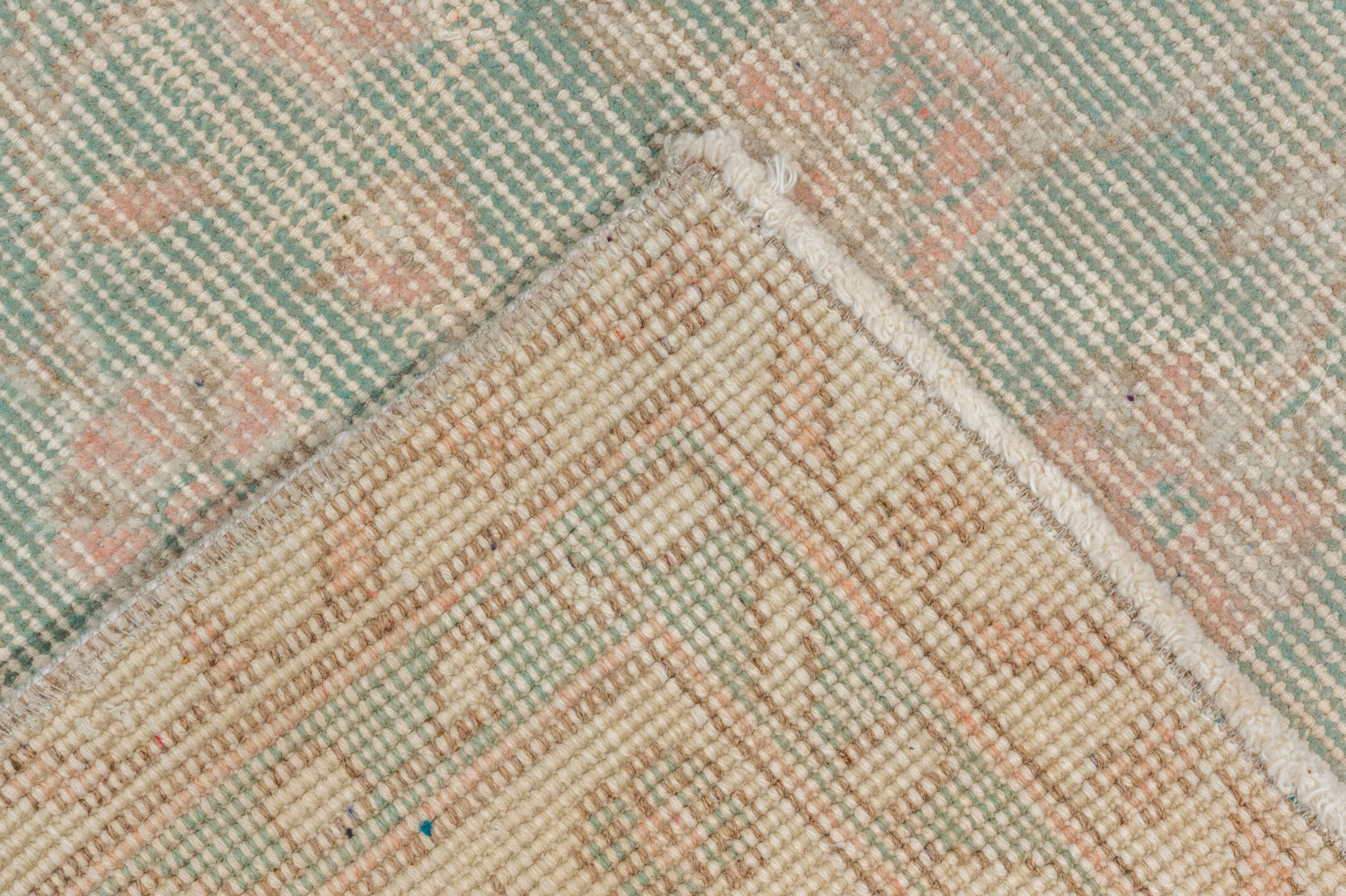 6' x 10' one-of-a-kind handmade vintage Oushak large size rug. Color palette: sage, blush, ivory, taupe, cream, green, pink