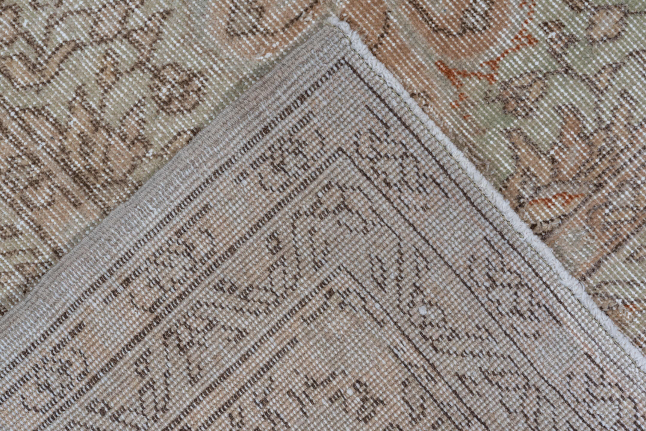 4' x 6' one-of-a-kind handmade vintage Oushak small size rug. Color palette: brown, gray, light gray, off-white, pink