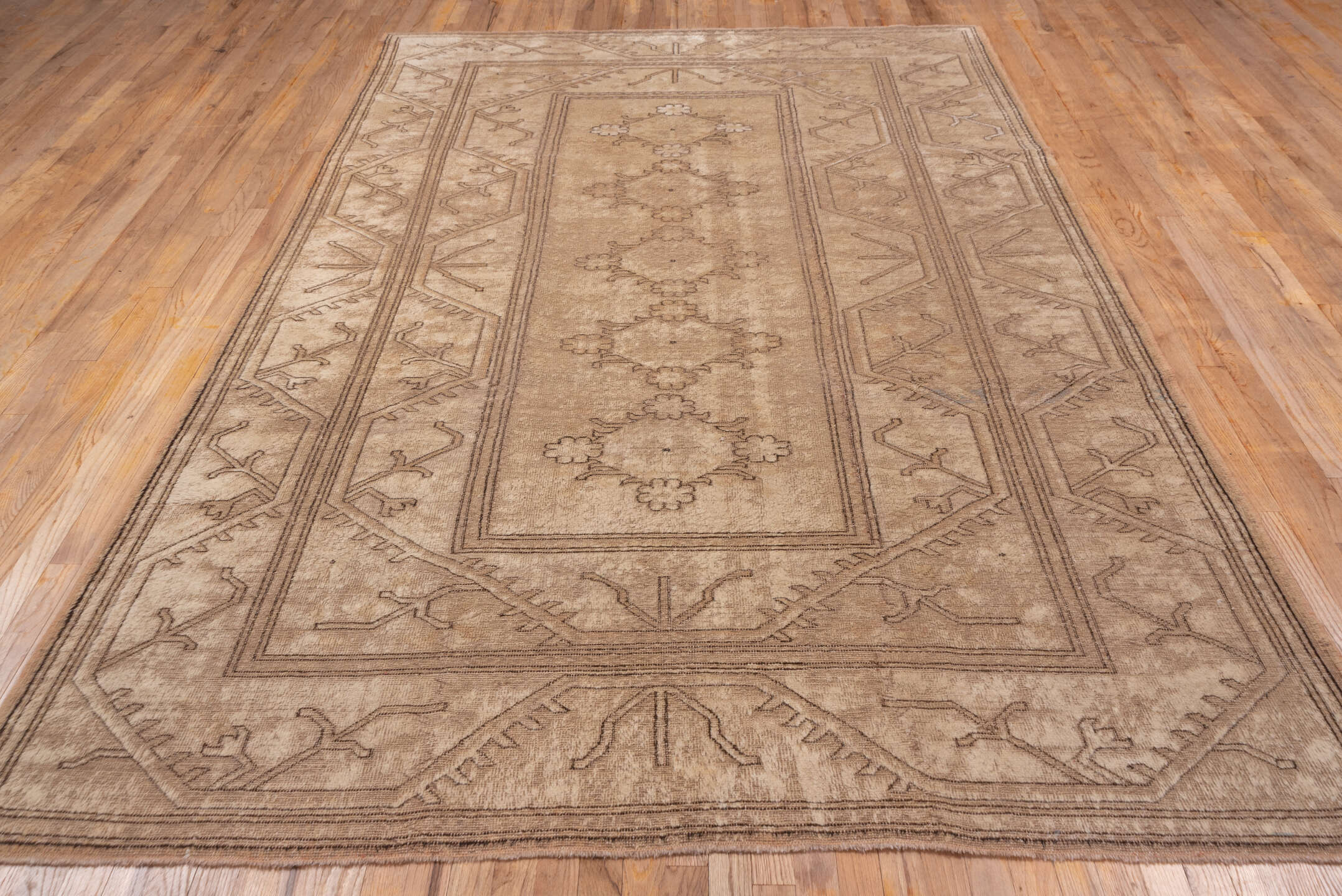 6' x 10' one-of-a-kind handmade vintage Oushak large size rug. Color palette: taupe, beige, camel, ivory, sand, brown, gray