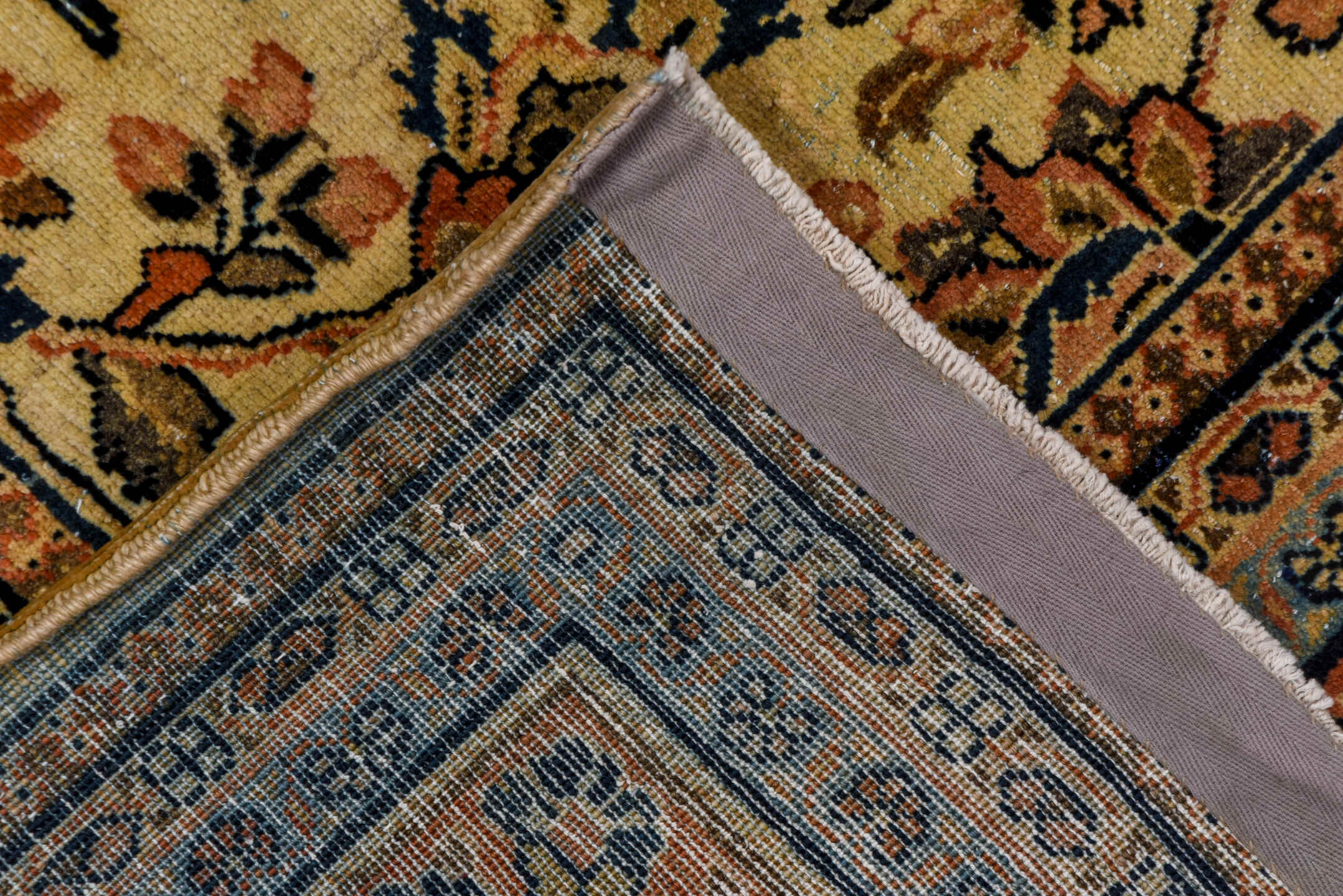 8' x 11' one-of-a-kind handmade antique Sarouk large size rug. Color palette: ivory, rust, navy, soft blue, camel, taupe