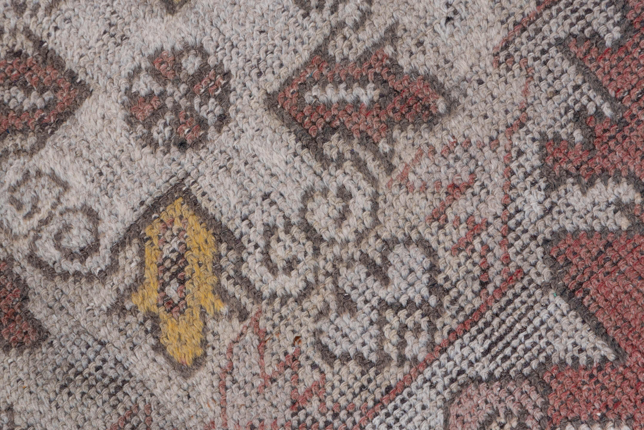 3' x 9' one-of-a-kind handmade vintage Oushak runner rug. Color palette: brown, gray, light gray, pink, silver