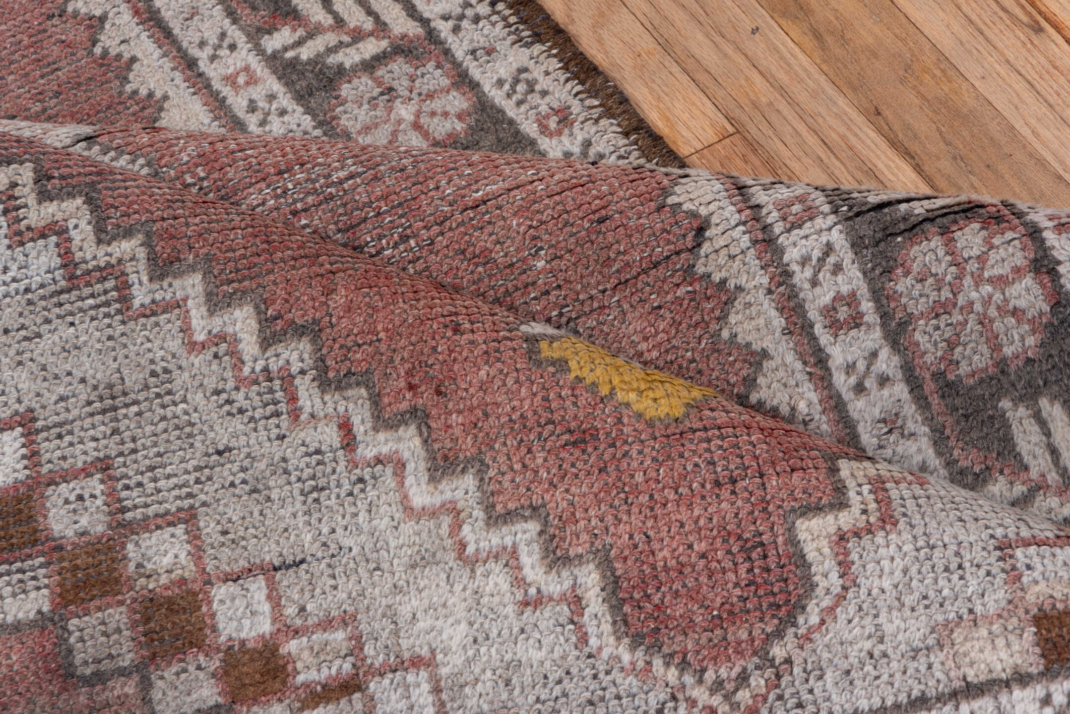 3' x 9' one-of-a-kind handmade vintage Oushak runner rug. Color palette: brown, gray, light gray, pink, silver