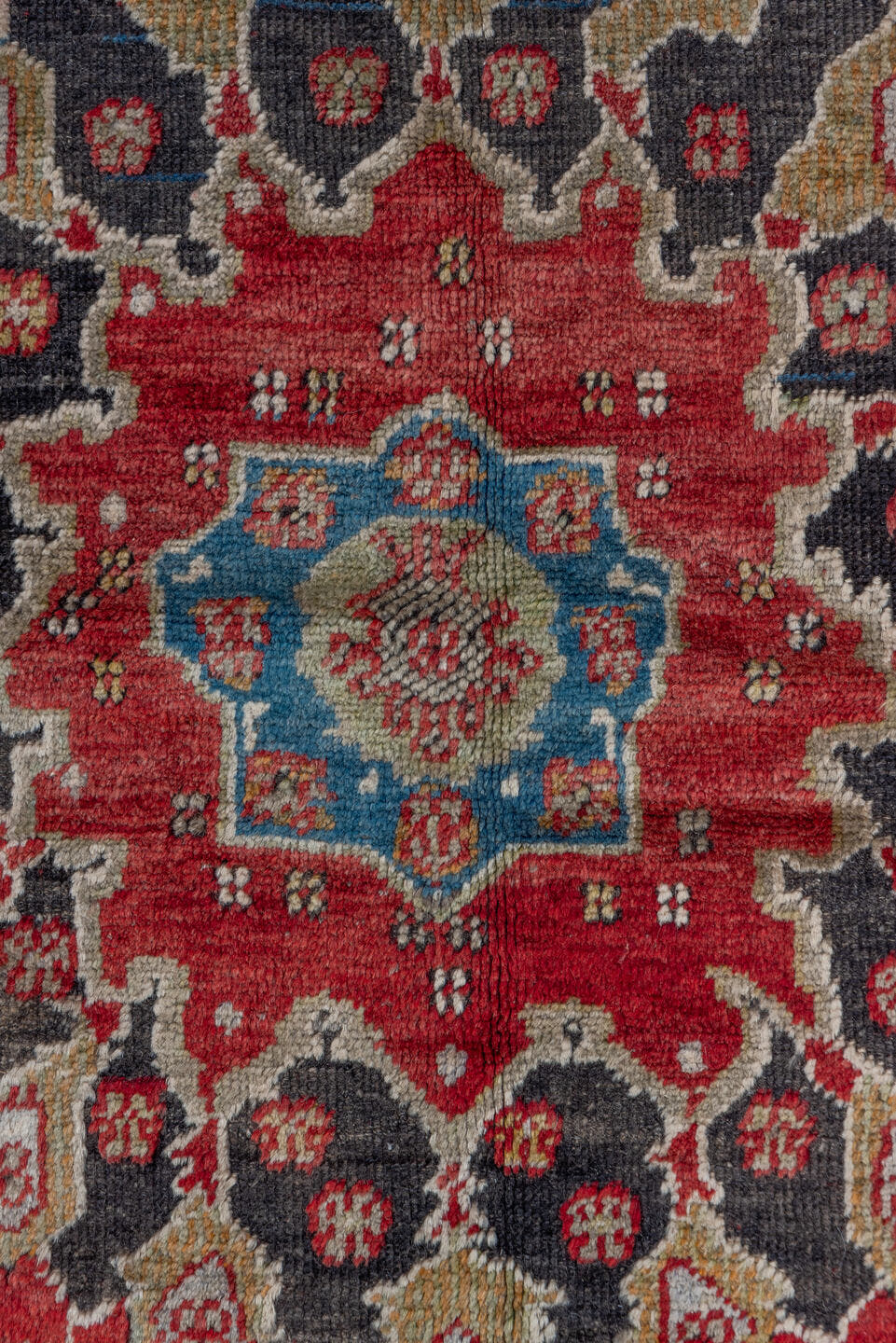 5' x 7' one-of-a-kind handmade vintage Oushak rug. Color palette: red, ivory, charcoal, camel, sky_blue, rose, olive, gray