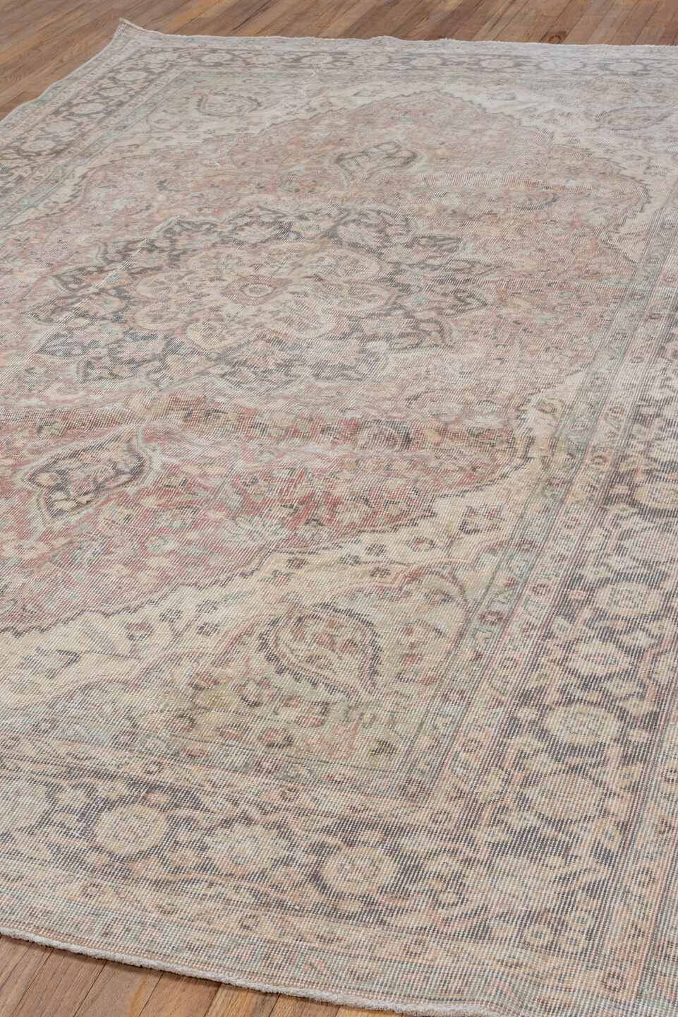 6' x 9' one-of-a-kind handmade vintage Oushak medium size rug. Color palette: gray, light gray, off-white, pink