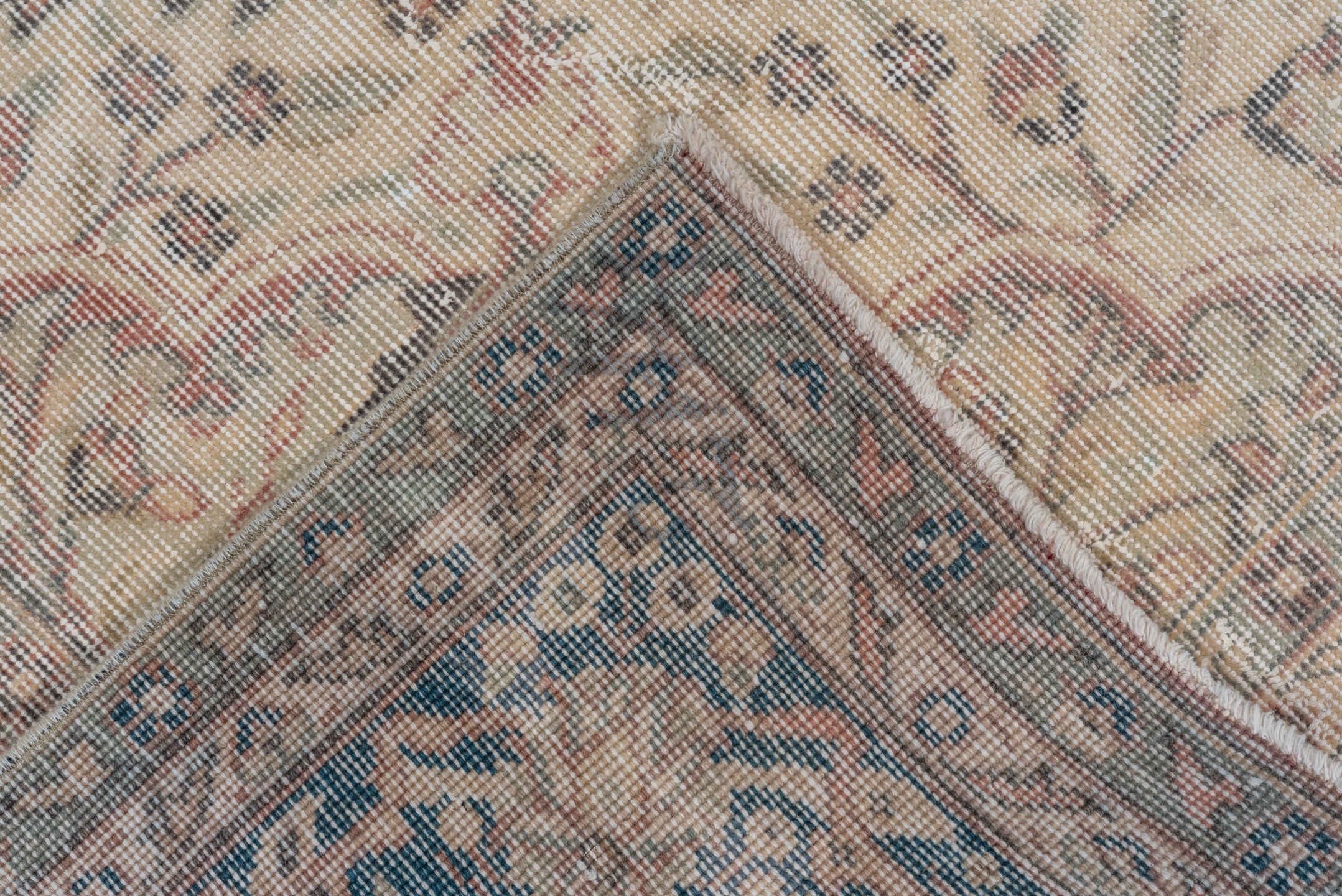 6' x 9' one-of-a-kind handmade vintage Oushak medium size rug. Color palette: ivory, blush, taupe, slate, beige, soft gray