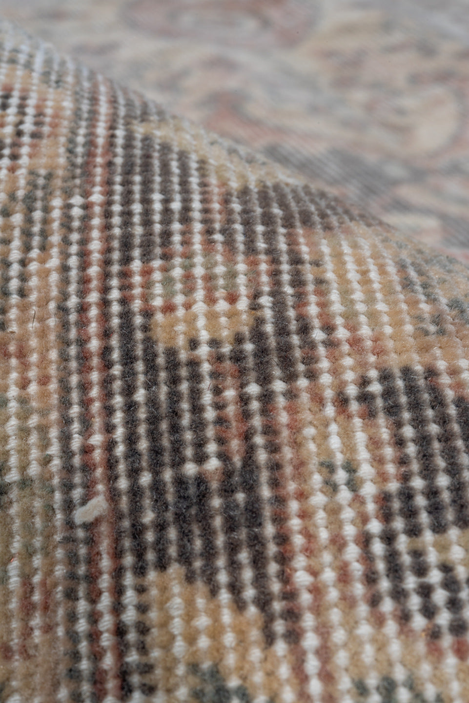 6' x 9' one-of-a-kind handmade vintage Oushak medium size rug. Color palette: ivory, blush, taupe, slate, beige, soft gray
