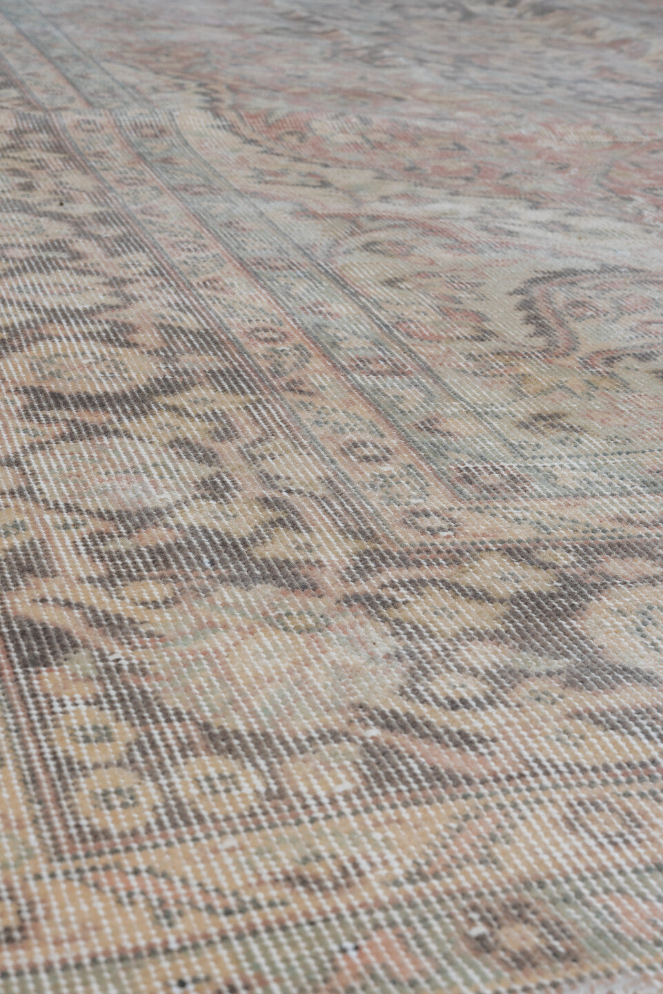 6' x 9' one-of-a-kind handmade vintage Oushak medium size rug. Color palette: ivory, blush, taupe, slate, beige, soft gray