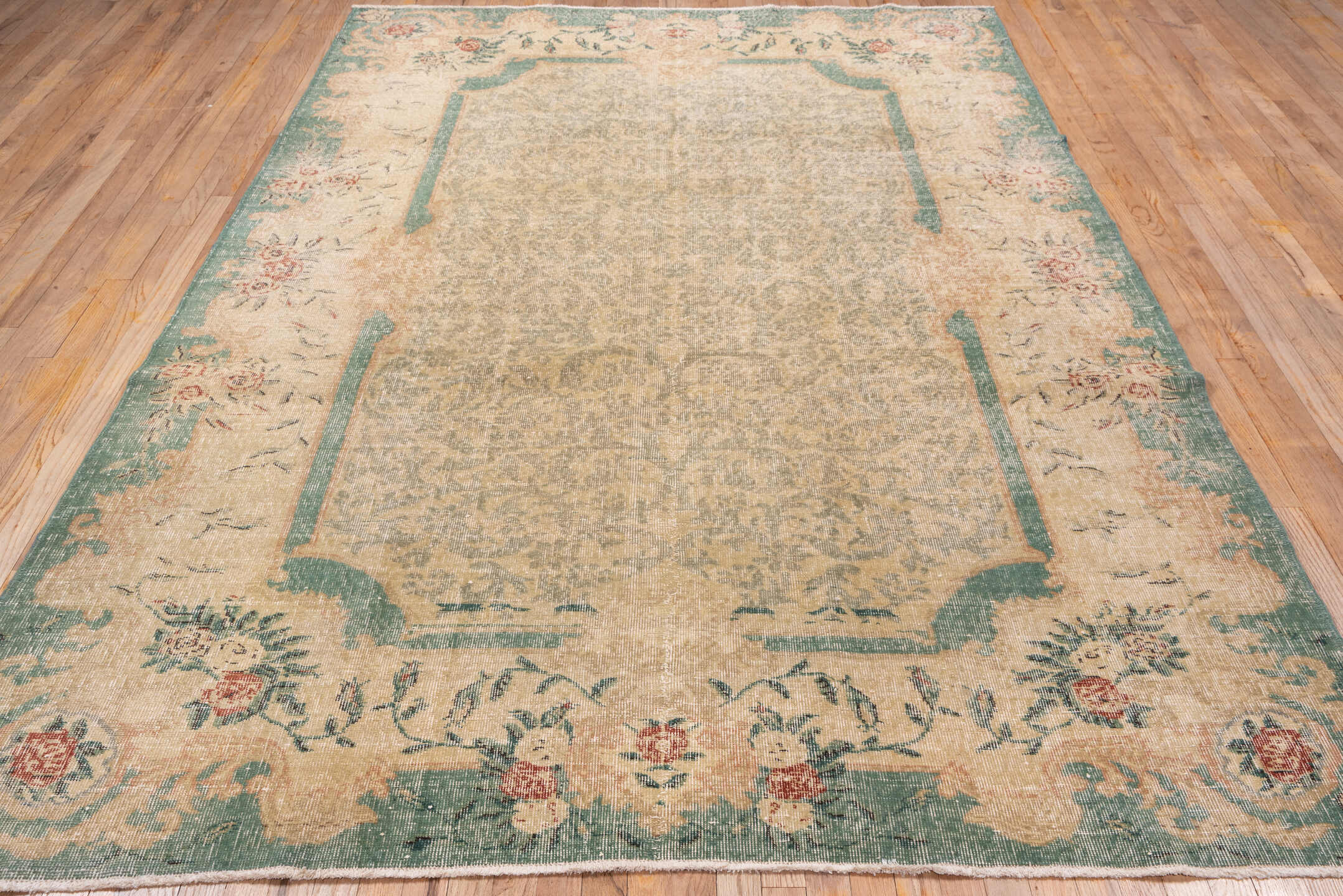7' x 10' one-of-a-kind handmade vintage Oushak large size rug. Color palette: ivory, sage, blush, beige, coral, taupe, green