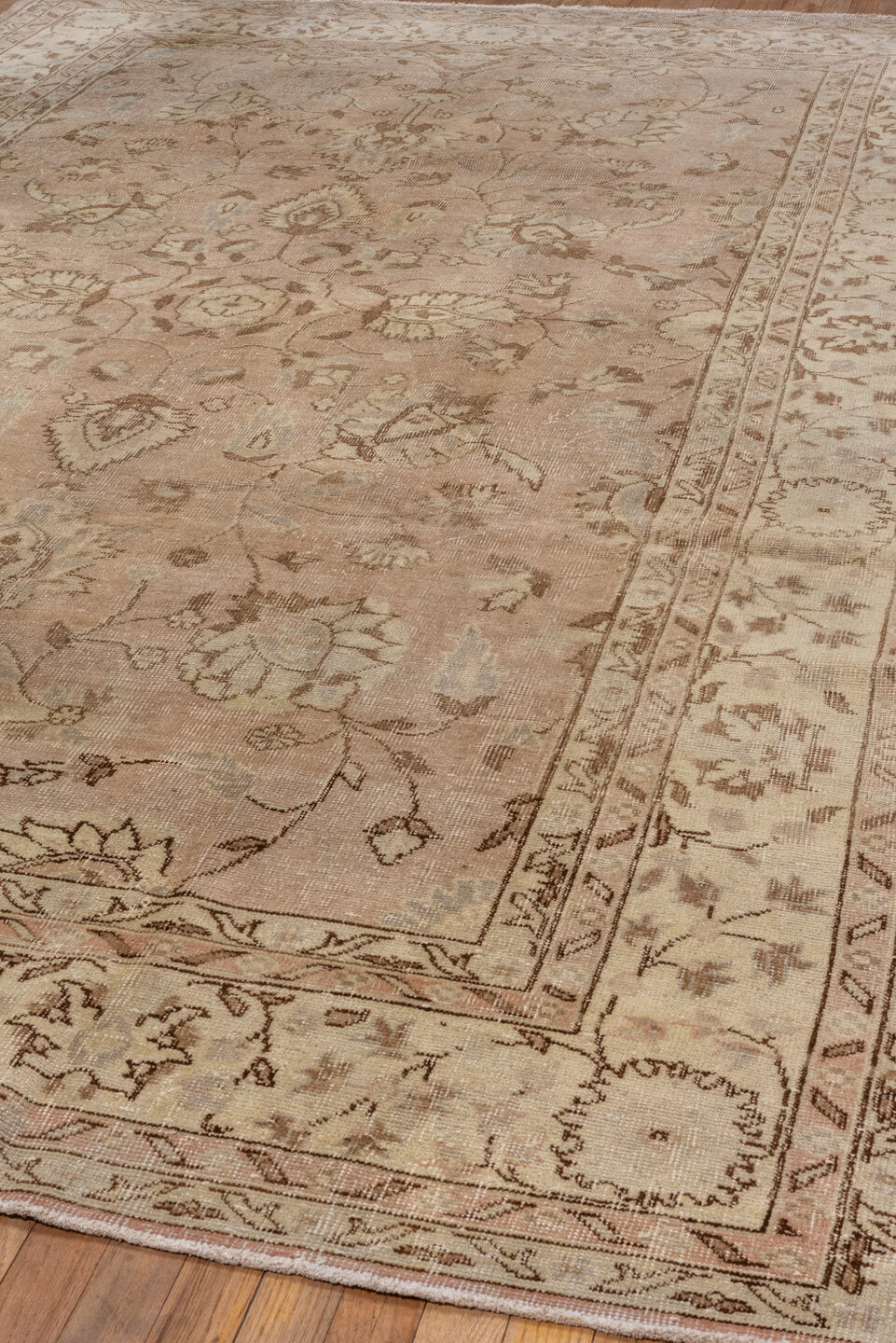 7' x 12' one-of-a-kind handmade vintage Oushak large size rug. Color palette: beige, blush, ivory, taupe, camel, brown, sage