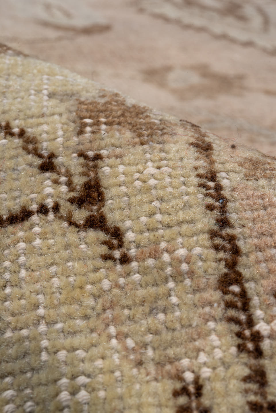 7' x 12' one-of-a-kind handmade vintage Oushak large size rug. Color palette: beige, blush, ivory, taupe, camel, brown, sage
