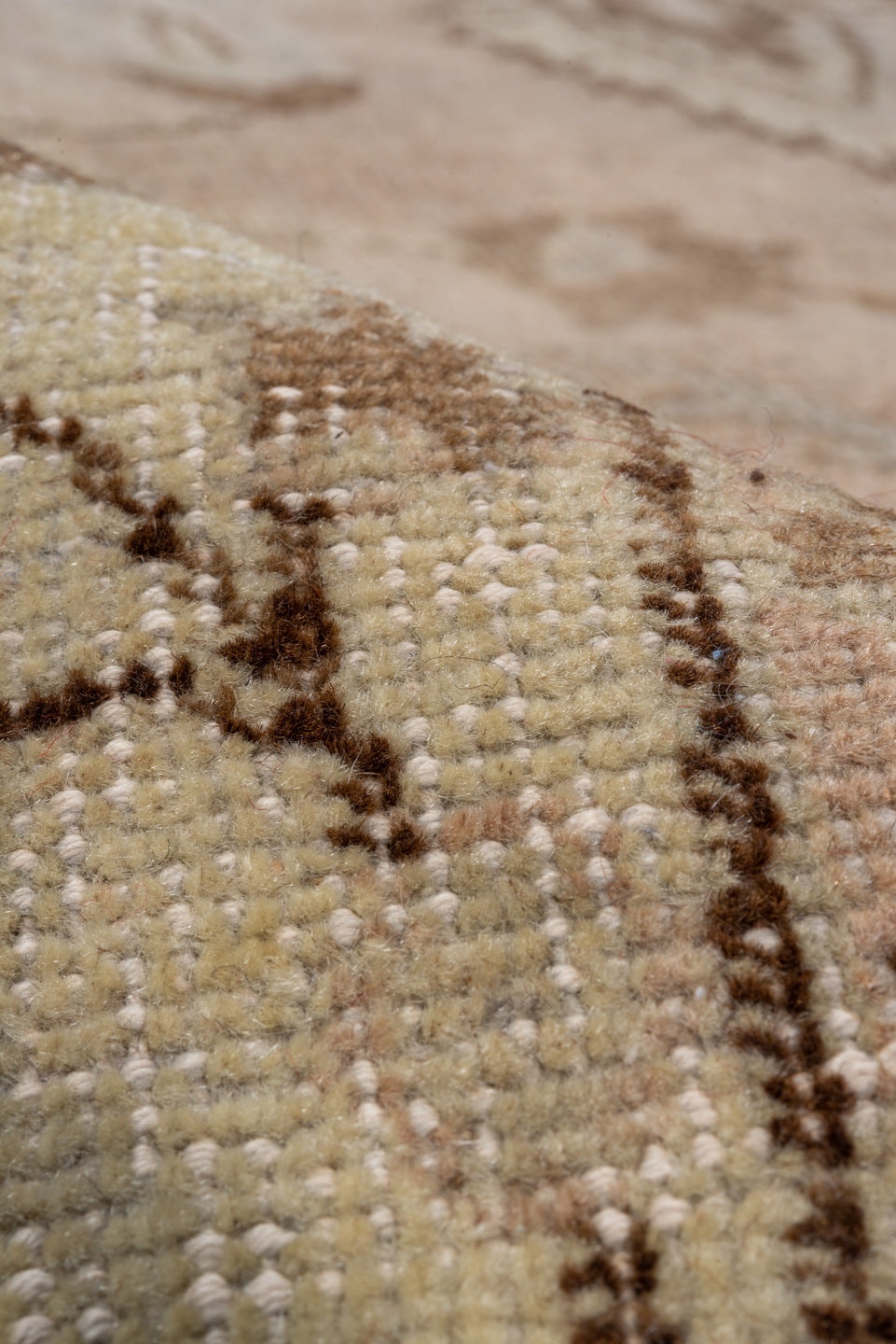 7' x 12' one-of-a-kind handmade vintage Oushak large size rug. Color palette: beige, blush, ivory, taupe, camel, brown, sage