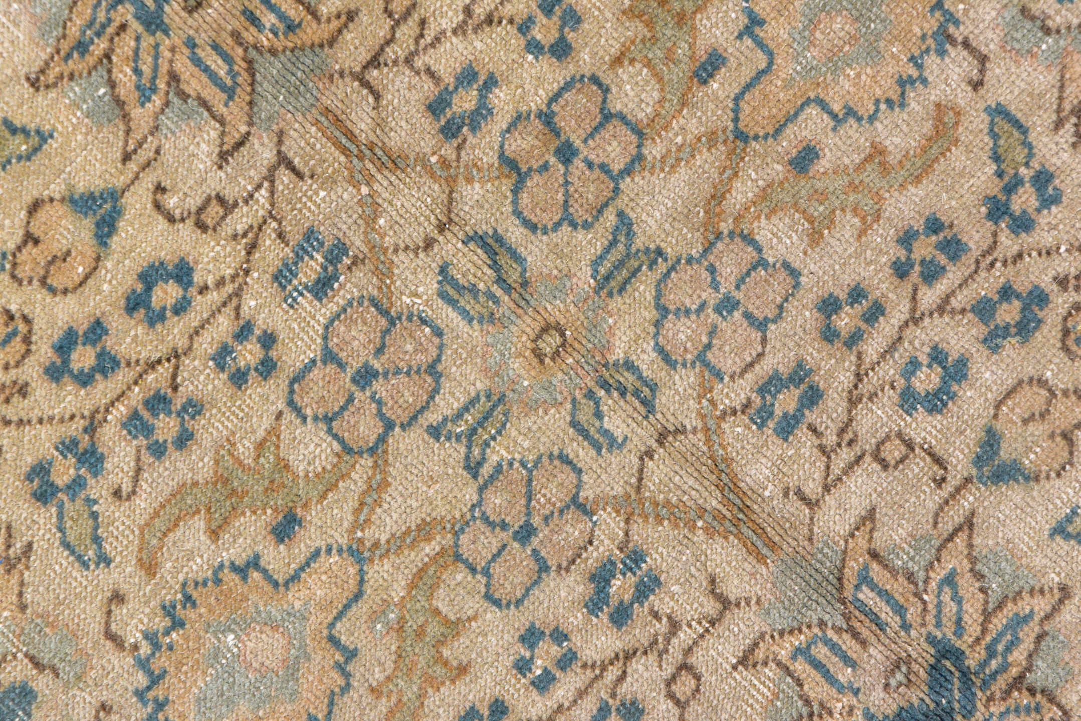 6' x 9' one-of-a-kind handmade vintage Sivas medium size rug. Color palette: ivory, sky blue, beige, taupe, camel