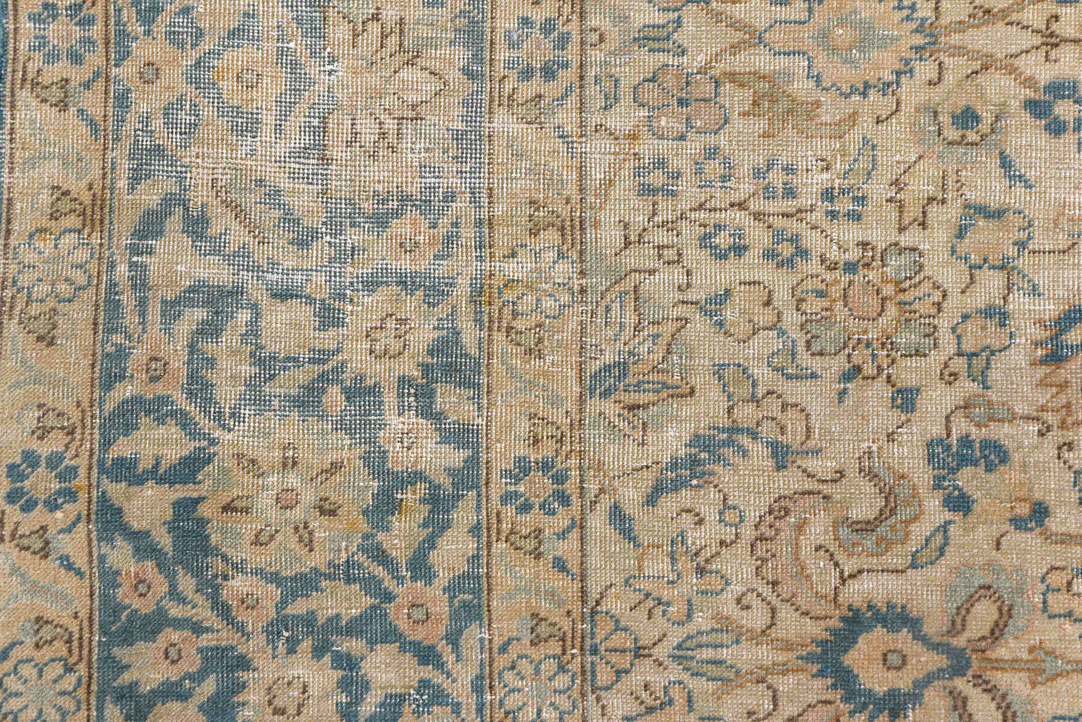 6' x 9' one-of-a-kind handmade vintage Sivas medium size rug. Color palette: ivory, sky blue, beige, taupe, camel