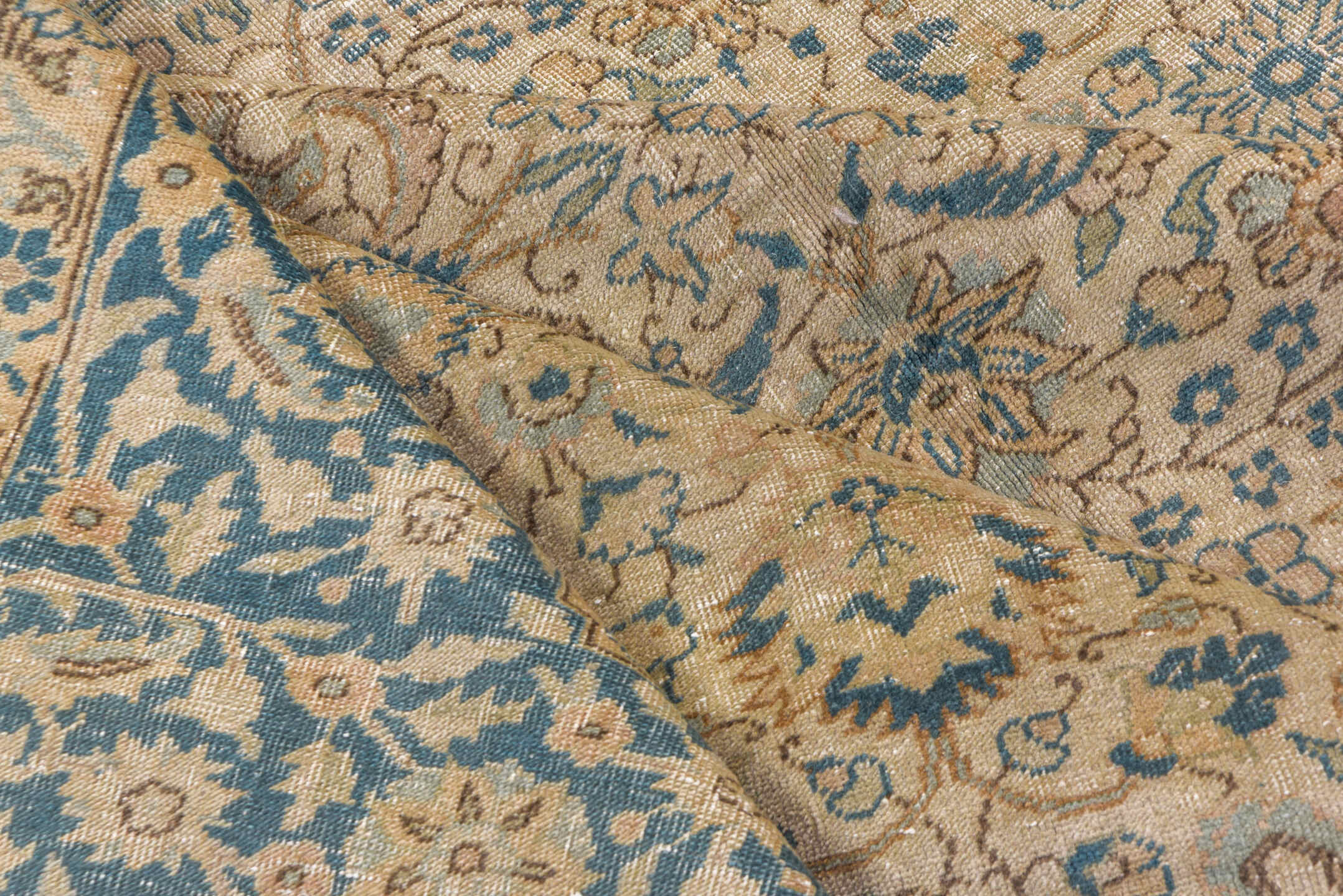6' x 9' one-of-a-kind handmade vintage Sivas medium size rug. Color palette: ivory, sky blue, beige, taupe, camel