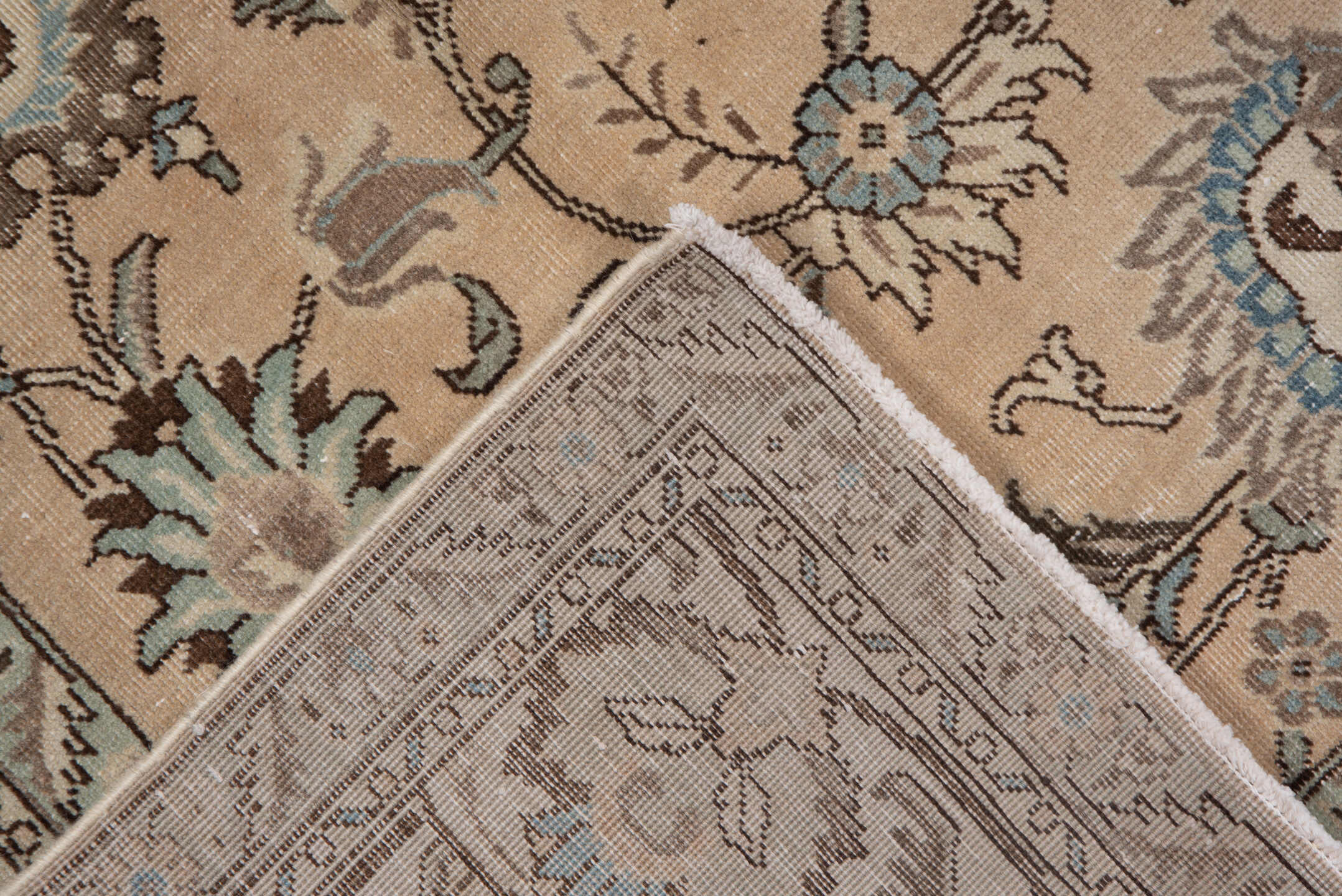 7' x 10' one-of-a-kind handmade vintage Tabriz large size rug. Color palette: beige, ivory, taupe, pale blue, brown, camel