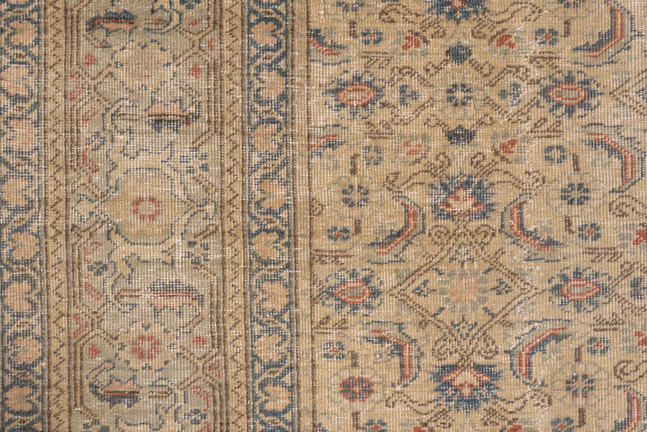 7' x 12' one-of-a-kind handmade vintage Kaisary large size rug. Color palette: ivory, beige, slate, taupe, dusty blue, rust