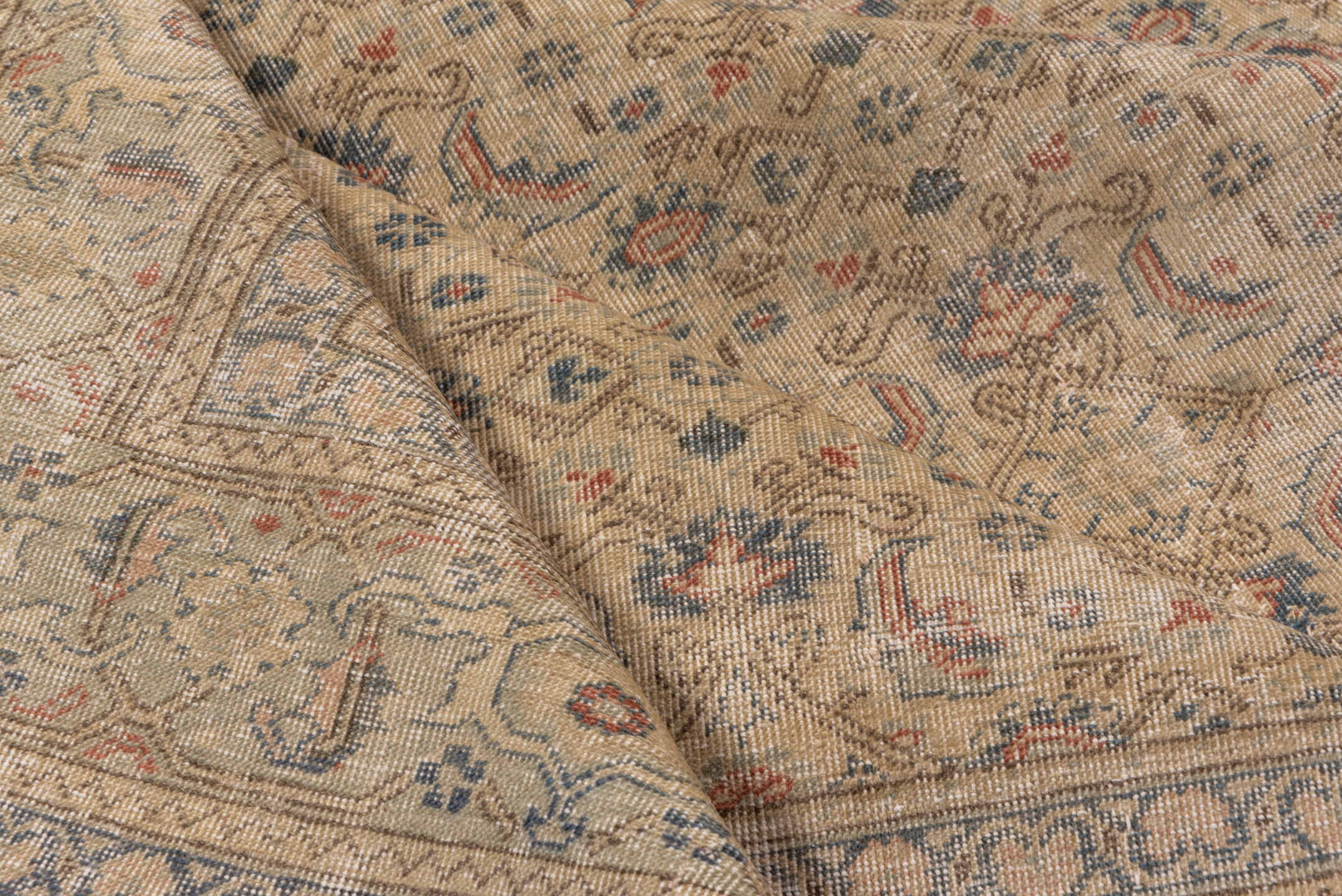 7' x 12' one-of-a-kind handmade vintage Kaisary large size rug. Color palette: ivory, beige, slate, taupe, dusty blue, rust