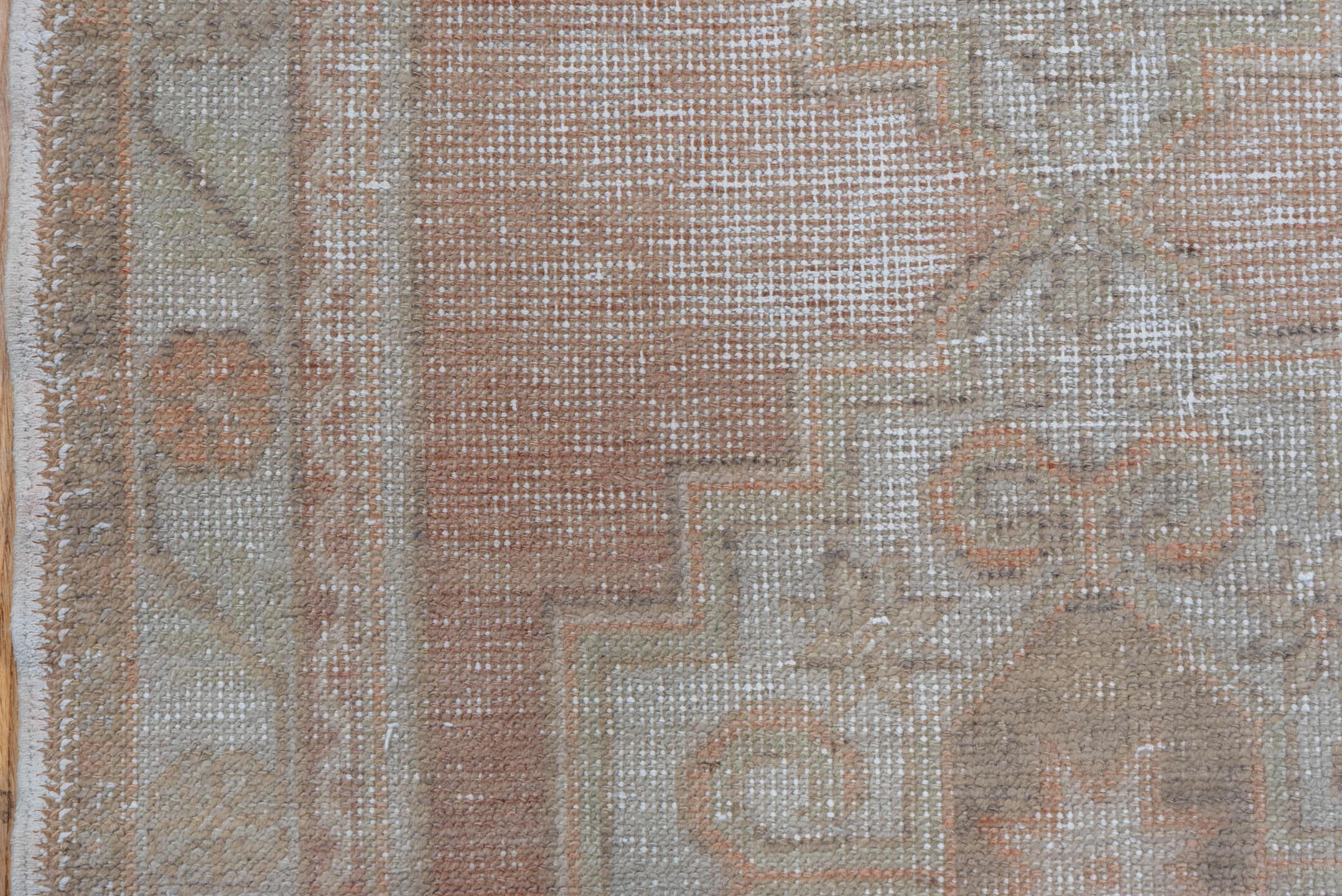 3' x 9' one-of-a-kind handmade vintage Oushak runner rug. Color palette: brown, gray, light gray, off-white, pink, snow