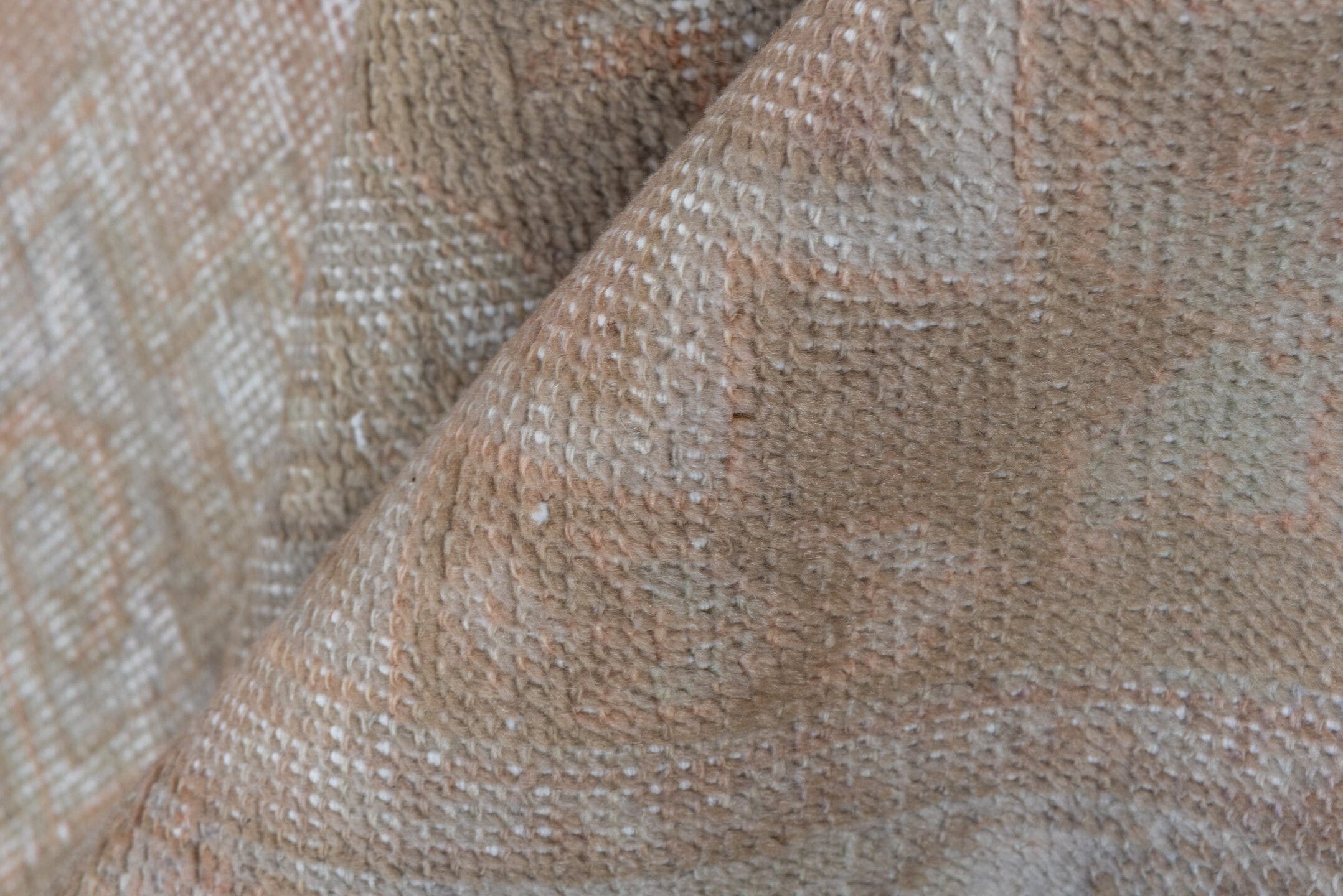 3' x 9' one-of-a-kind handmade vintage Oushak runner rug. Color palette: blush, ivory, taupe, beige, camel, charcoal, pink