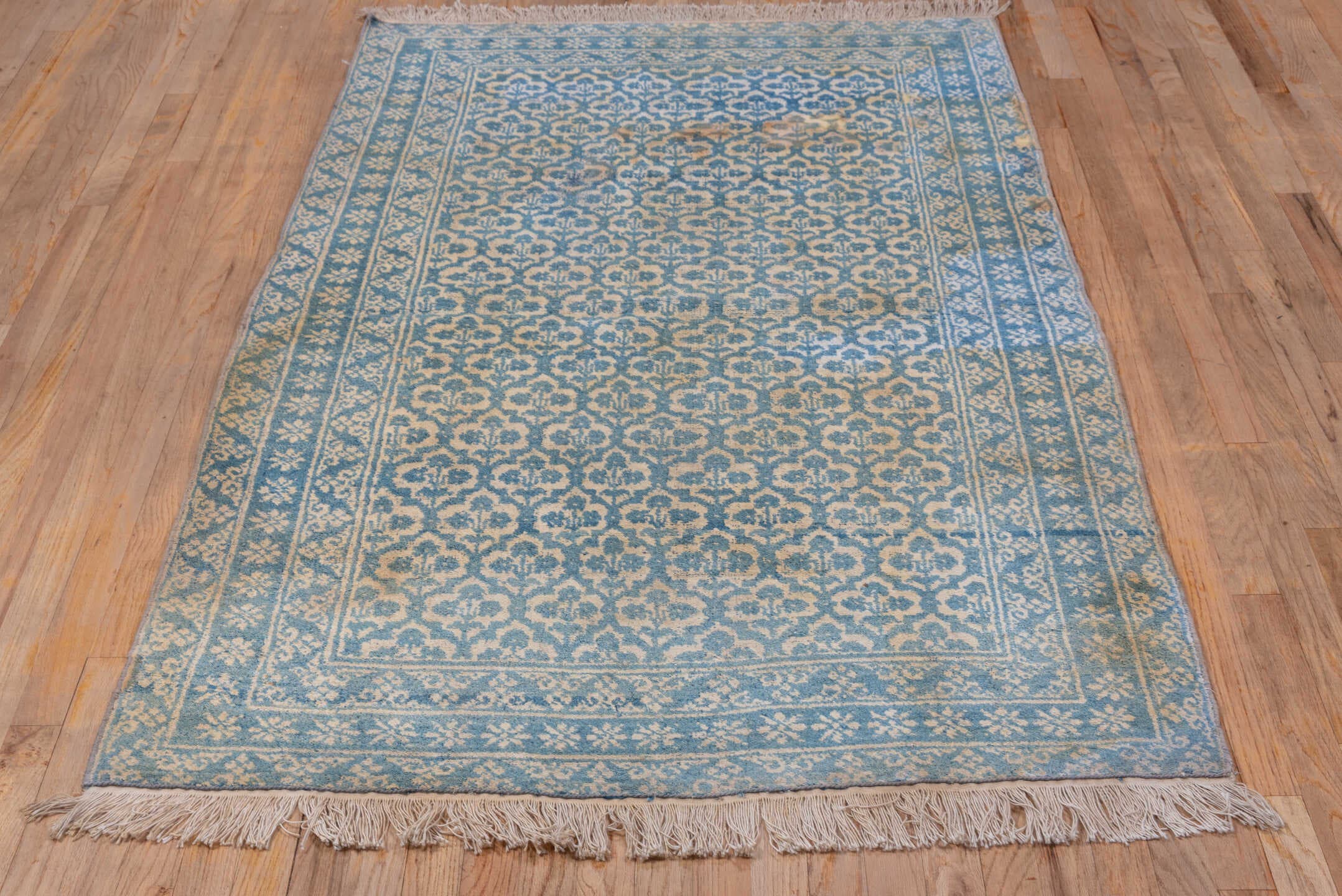3' x 6' one-of-a-kind handmade vintage Cotton Agra small size rug. Color palette: sky blue, ivory, taupe, beige, light blue