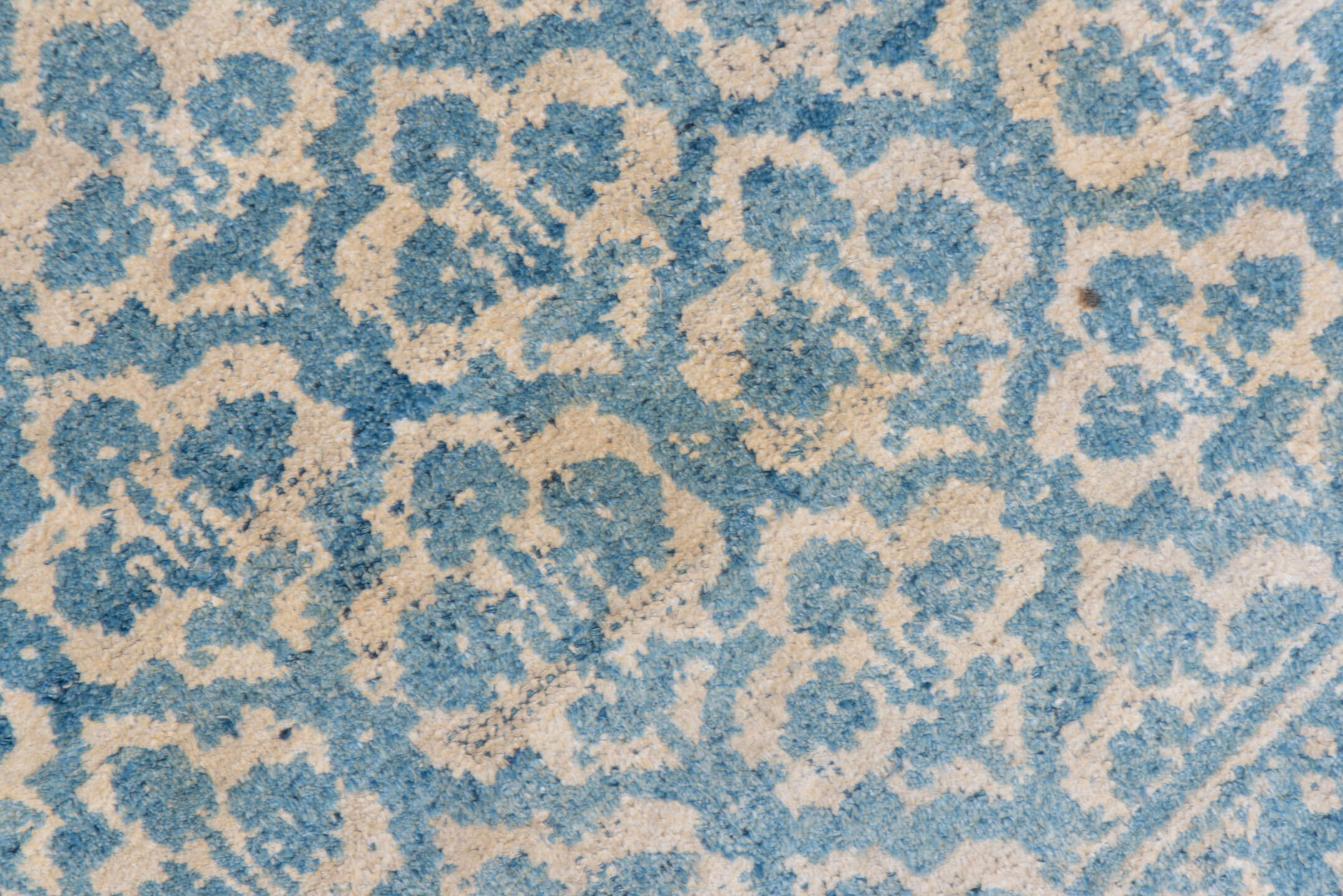 3' x 6' one-of-a-kind handmade vintage Cotton Agra small size rug. Color palette: sky blue, ivory, taupe, beige, light blue