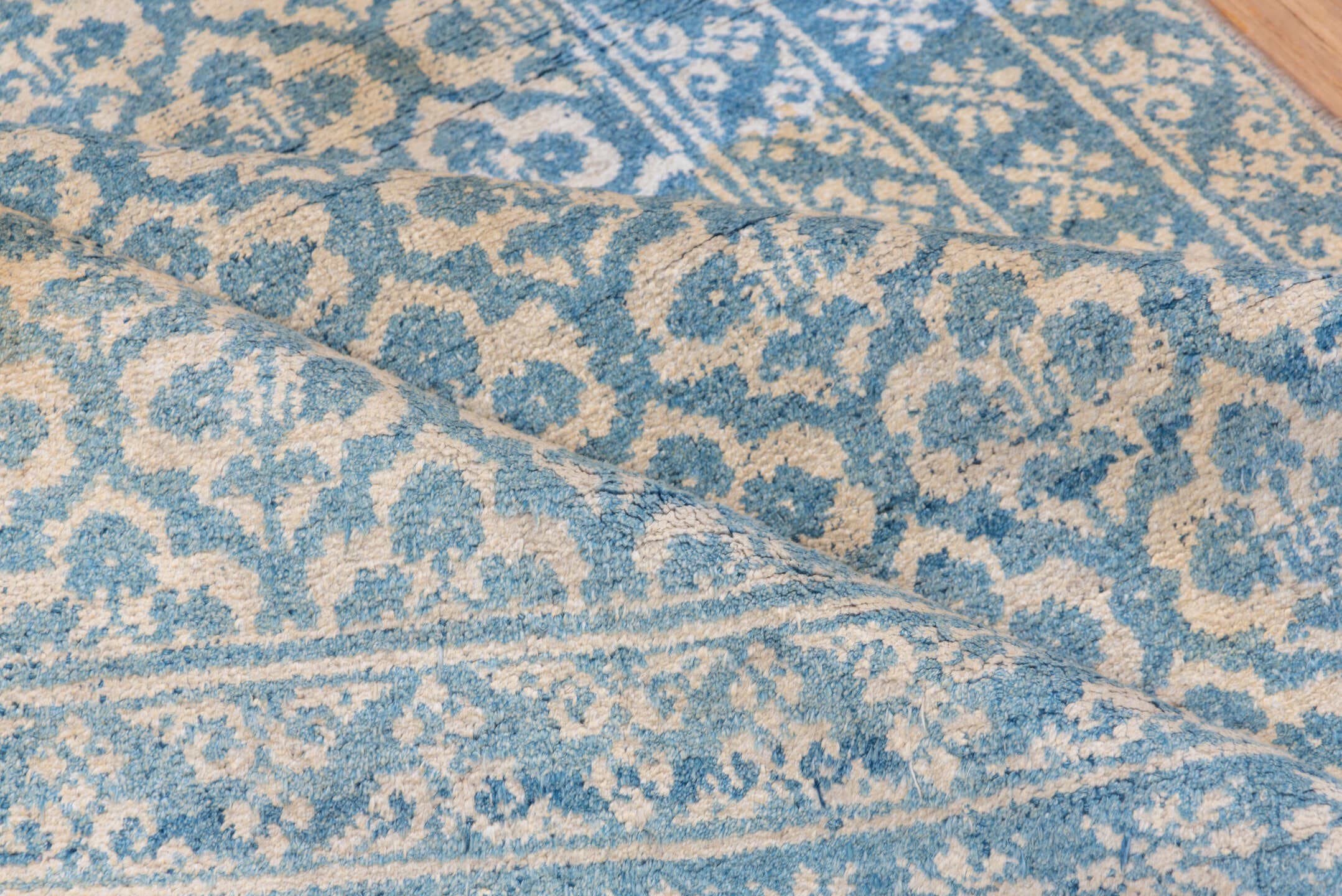 3' x 6' one-of-a-kind handmade vintage Cotton Agra small size rug. Color palette: sky blue, ivory, taupe, beige, light blue