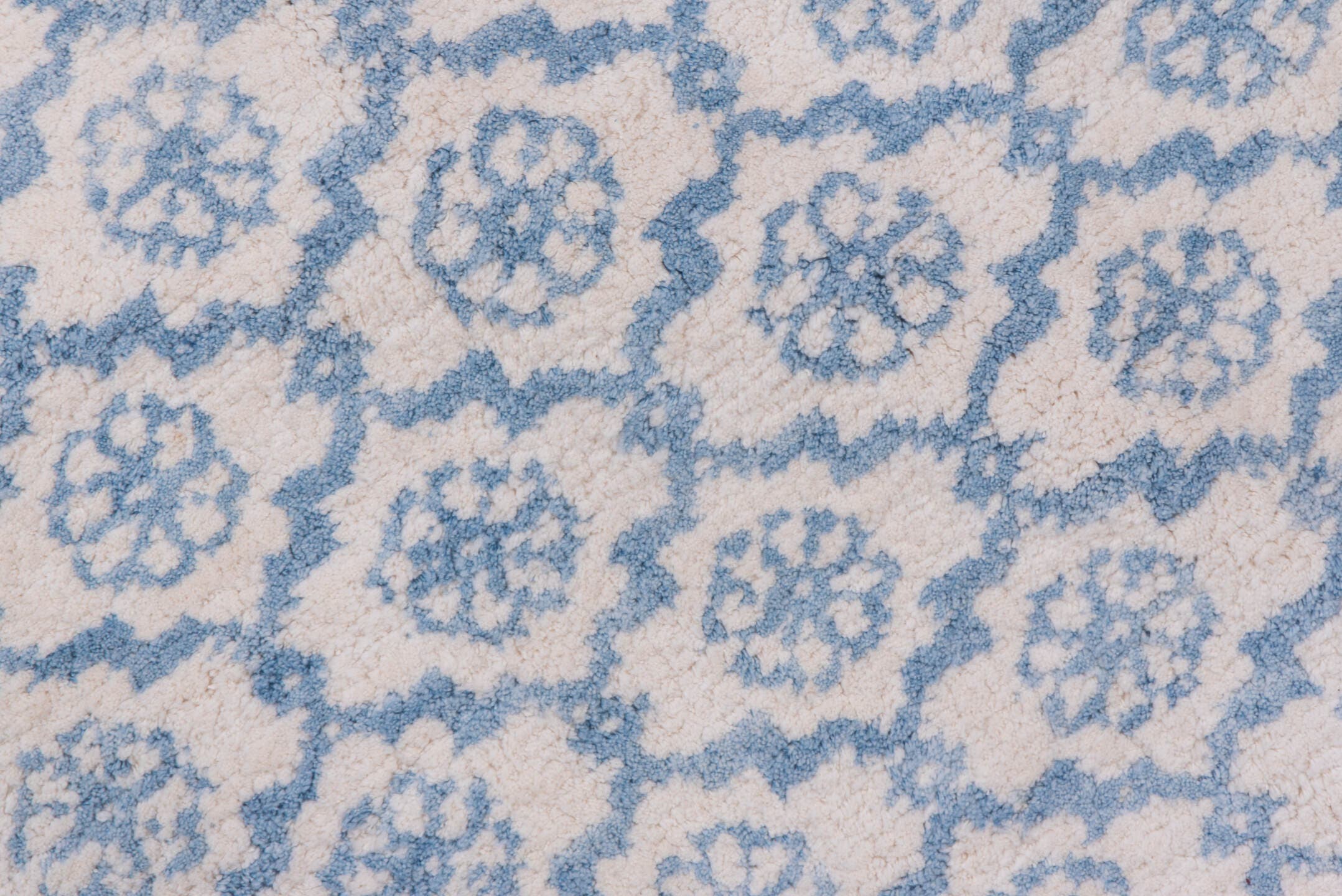 6' x 9' one-of-a-kind handmade vintage Cotton Agra medium size rug. Color palette: ivory, sky blue, powder blue, light blue