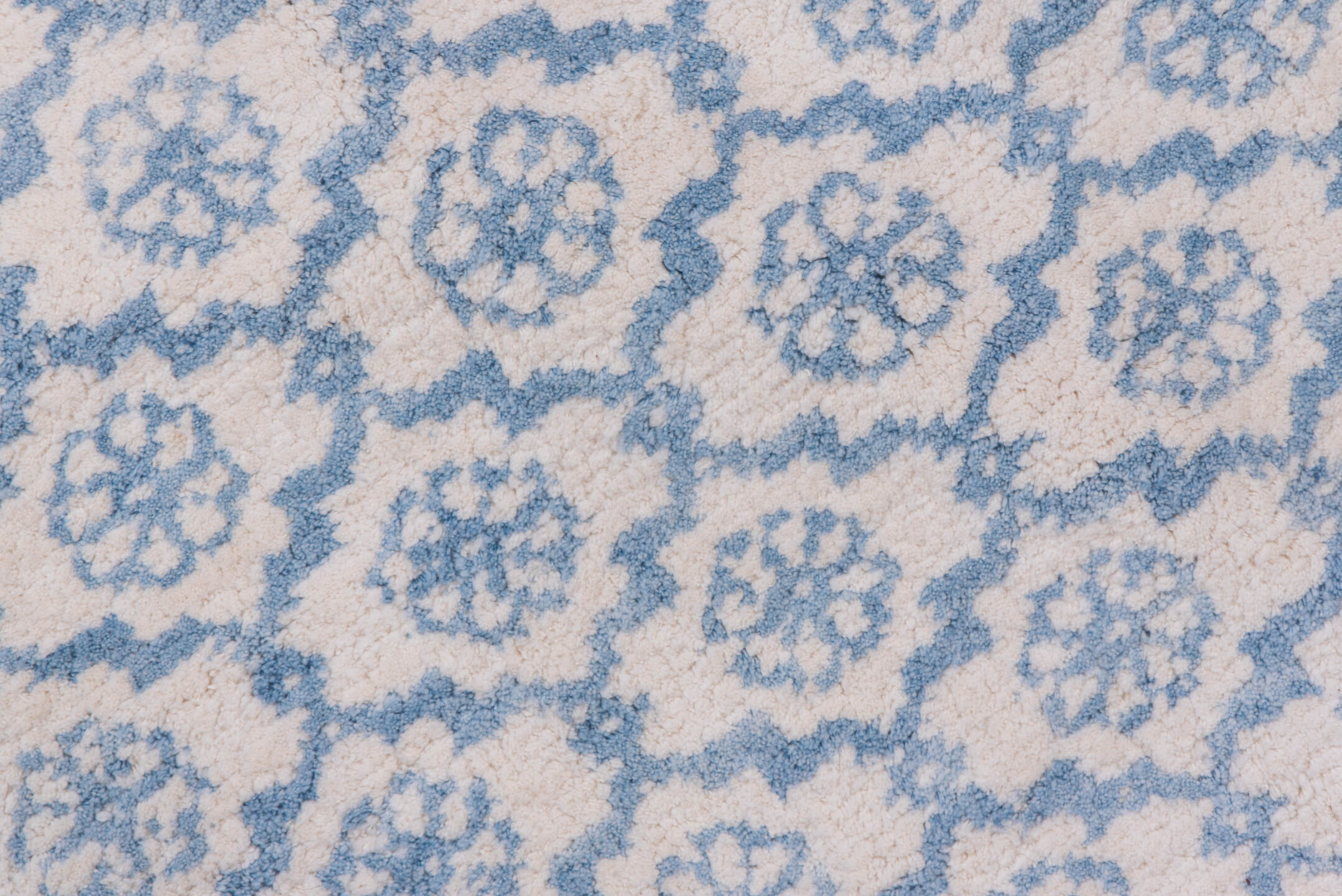 6' x 9' one-of-a-kind handmade vintage Cotton Agra medium size rug. Color palette: ivory, sky blue, powder blue, light blue