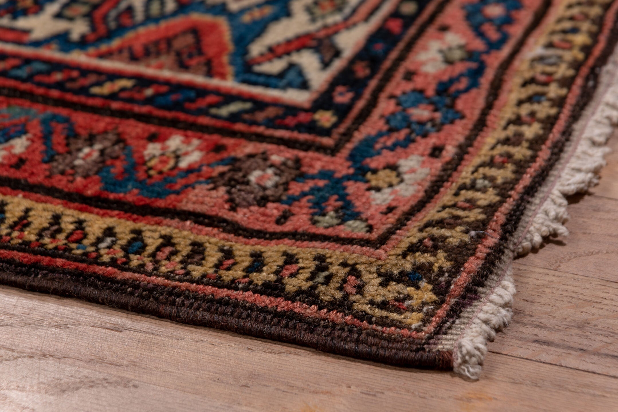 7' x 17' one-of-a-kind handmade antique Mahal rug. Color palette: navy, rust, ivory, coral, indigo, camel, burgundy, blue