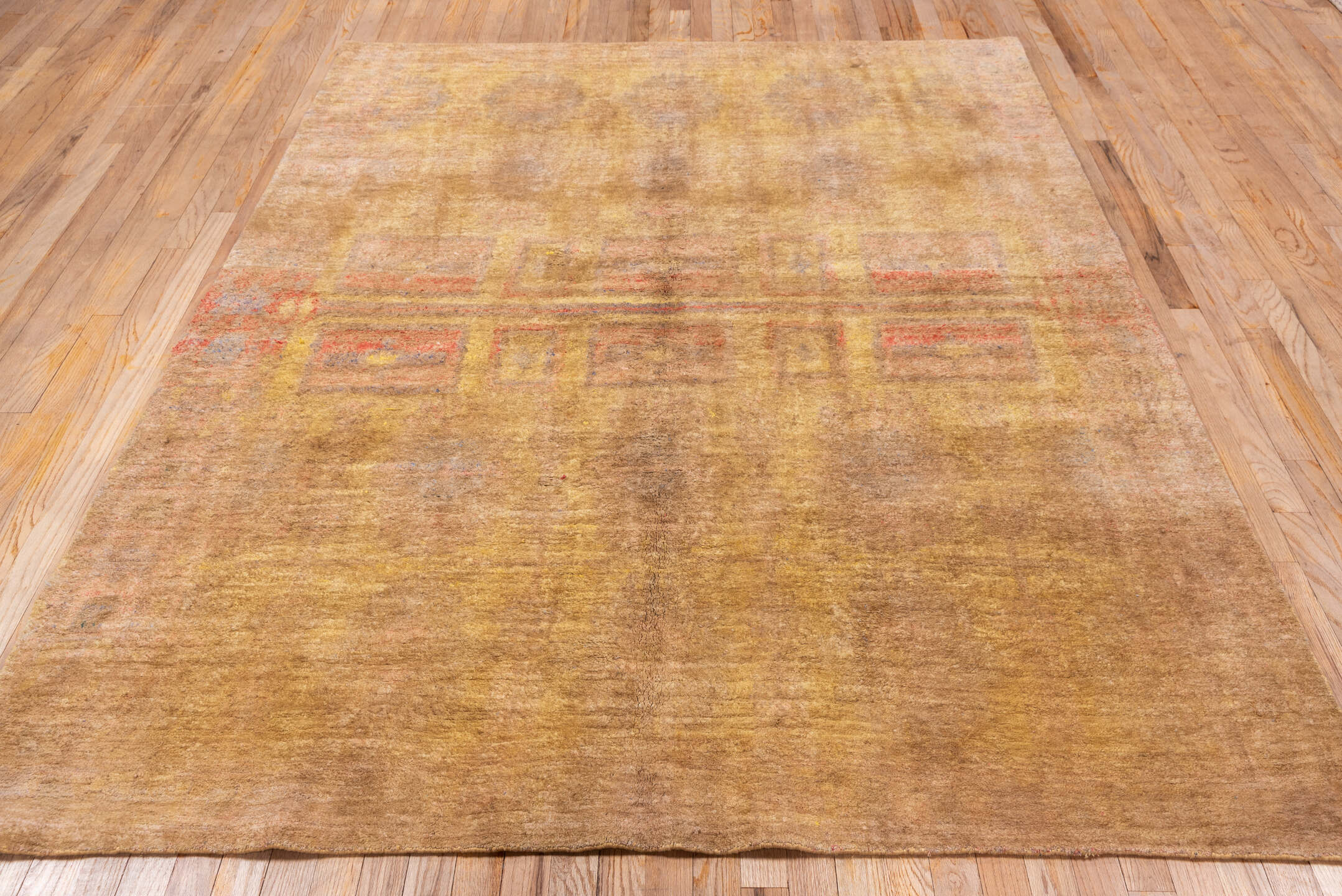 6' x 8' one-of-a-kind handmade antique Cotton Agra medium size rug. Color palette: camel, taupe, gold, terra cotta, rose