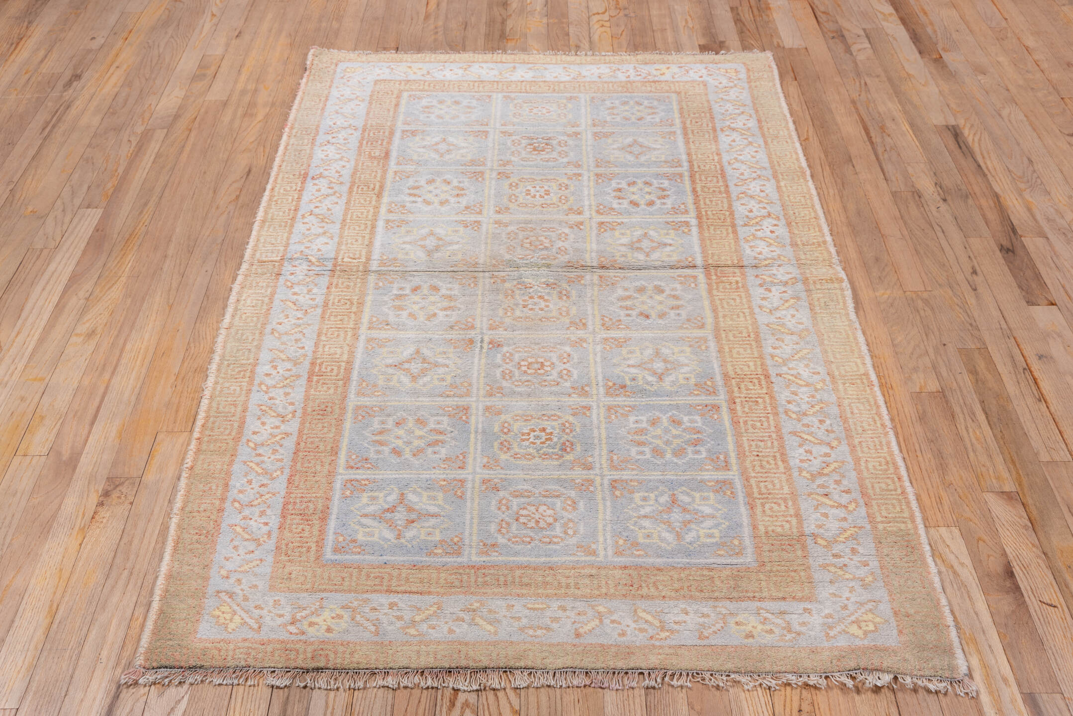 4' x 6' one-of-a-kind handmade vintage Cotton Agra small size rug. Color palette: ivory, peach, pale blue, beige, taupe