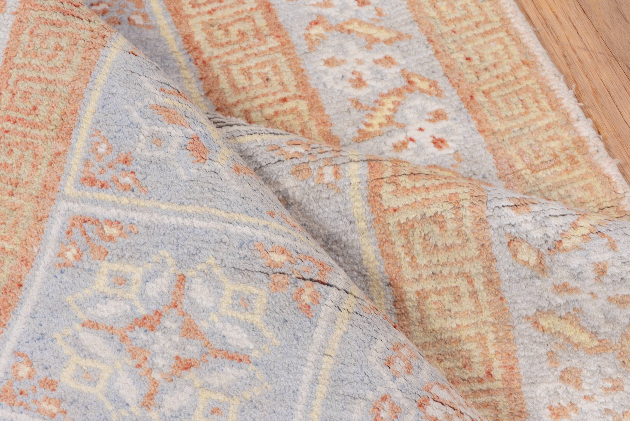 4' x 6' one-of-a-kind handmade vintage Cotton Agra small size rug. Color palette: ivory, peach, pale blue, beige, taupe