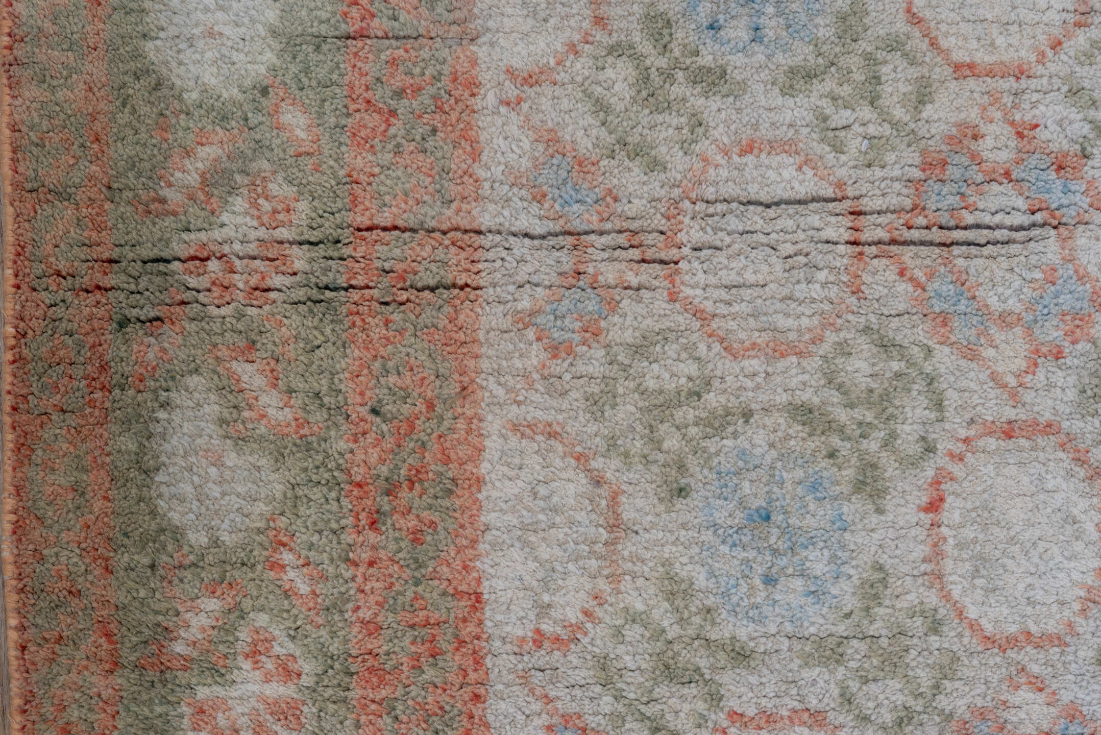 4' x 6' one-of-a-kind handmade vintage Cotton Agra small size rug. Color palette: ivory, sage, coral, pale blue, taupe