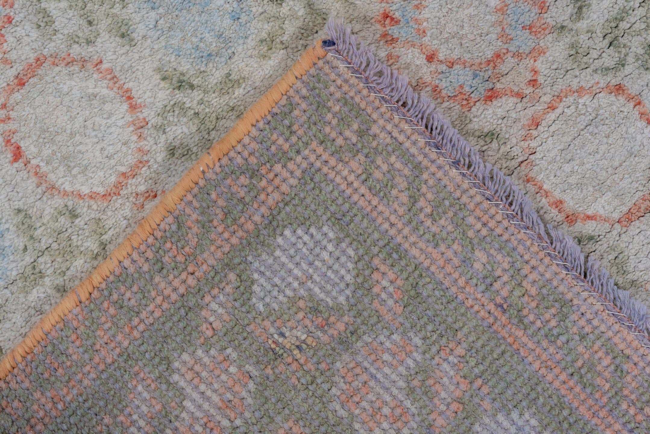 4' x 6' one-of-a-kind handmade vintage Cotton Agra small size rug. Color palette: ivory, sage, coral, pale blue, taupe