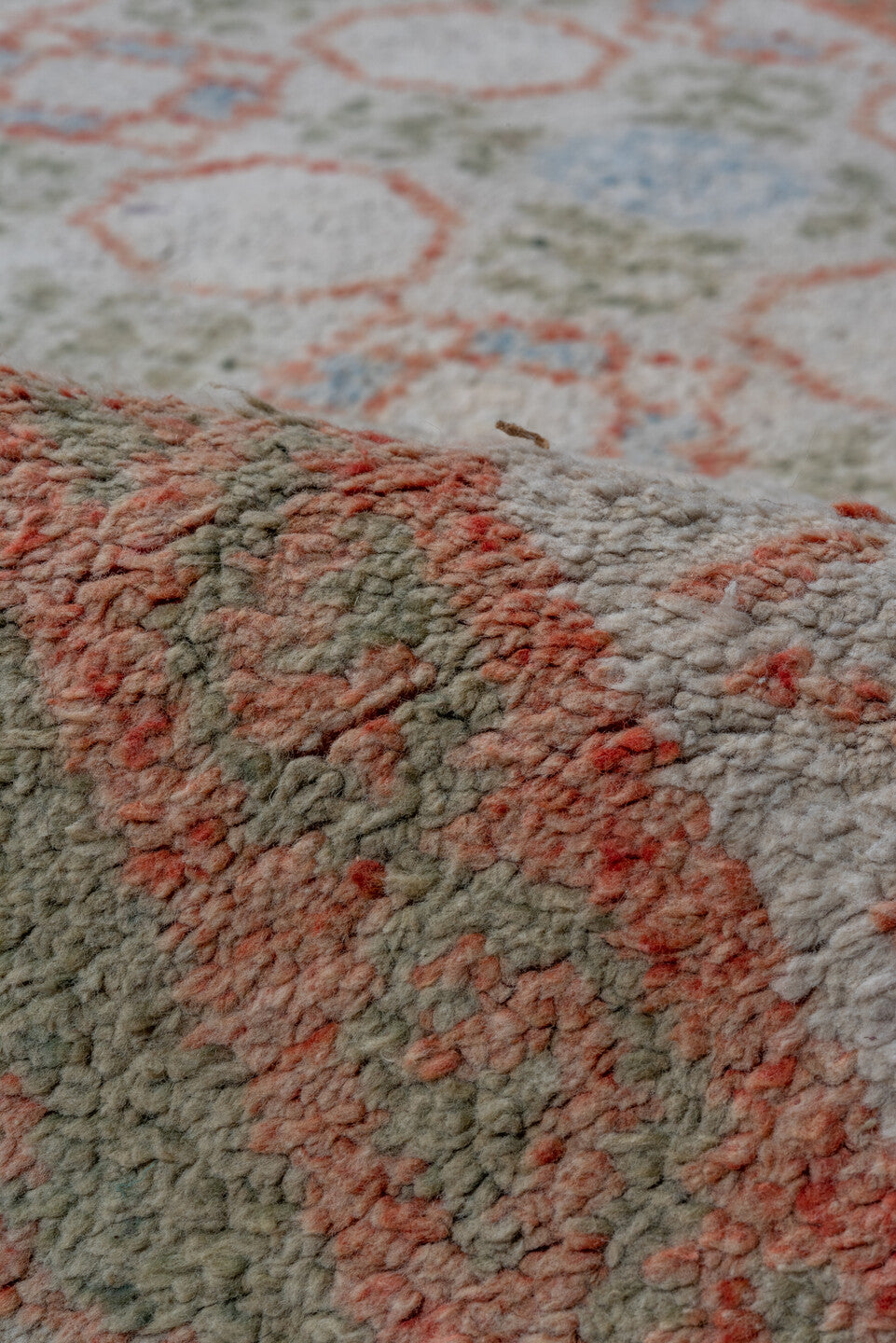 4' x 6' one-of-a-kind handmade vintage Cotton Agra small size rug. Color palette: ivory, sage, coral, pale blue, taupe