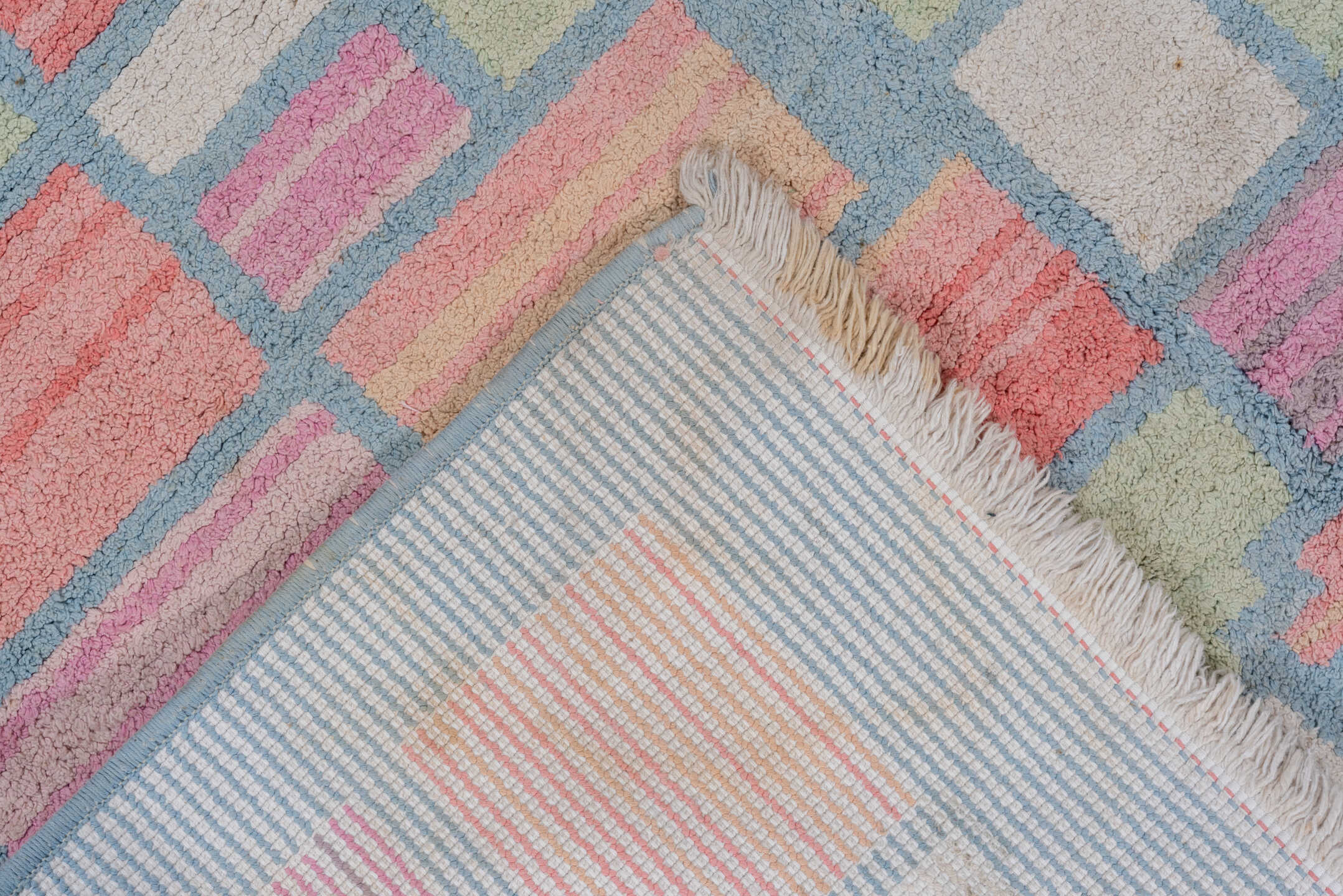 3' x 5' one-of-a-kind handmade vintage Cotton Agra small size rug. Color palette: sky blue, pink, ivory, sage, coral